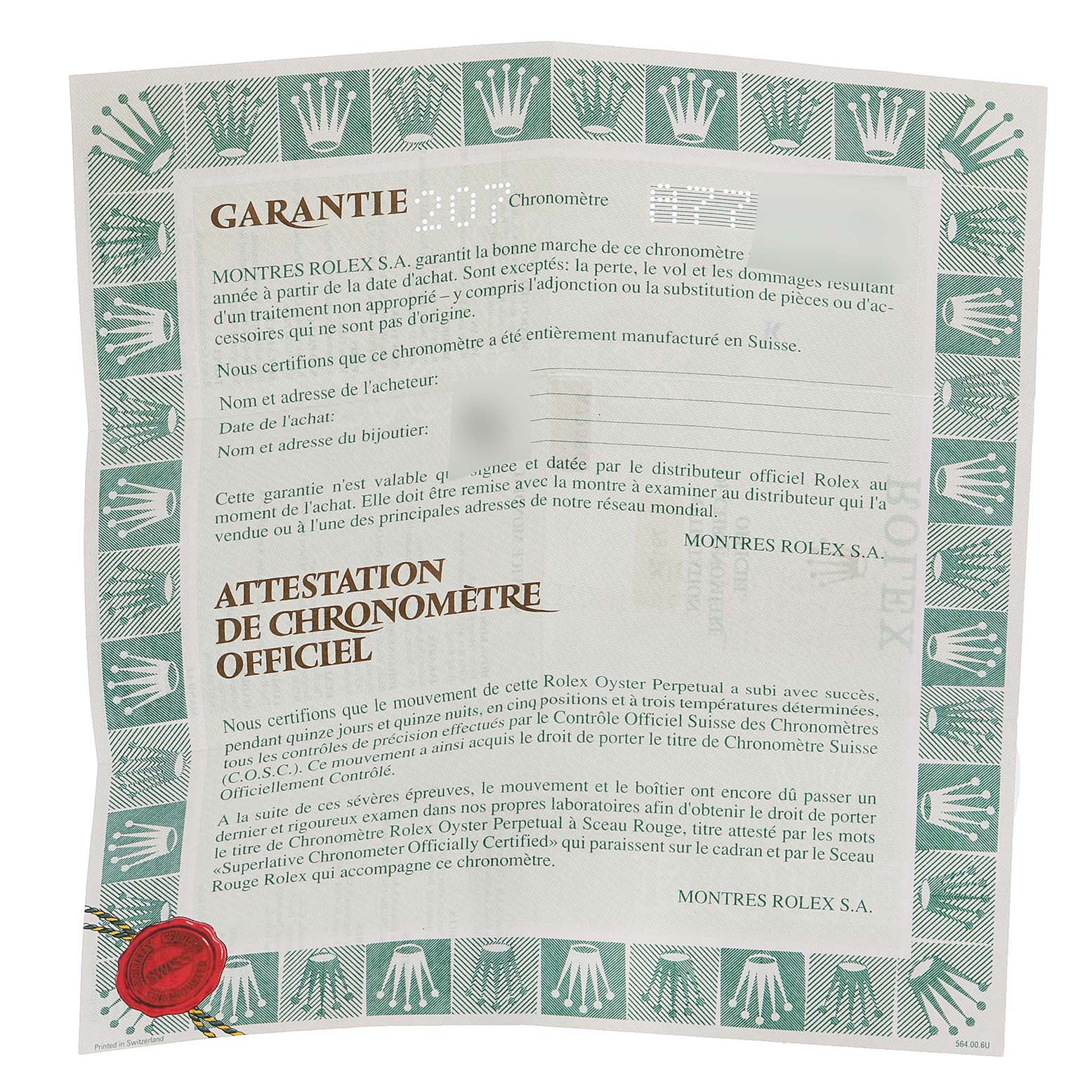 This image shows a warranty certificate for the Rolex Datejust 79174 Women's Stainless Steel Silver Dial 79174 Women's Stainless Steel Silver Dial watch model, featuring the brand's logo and official text.