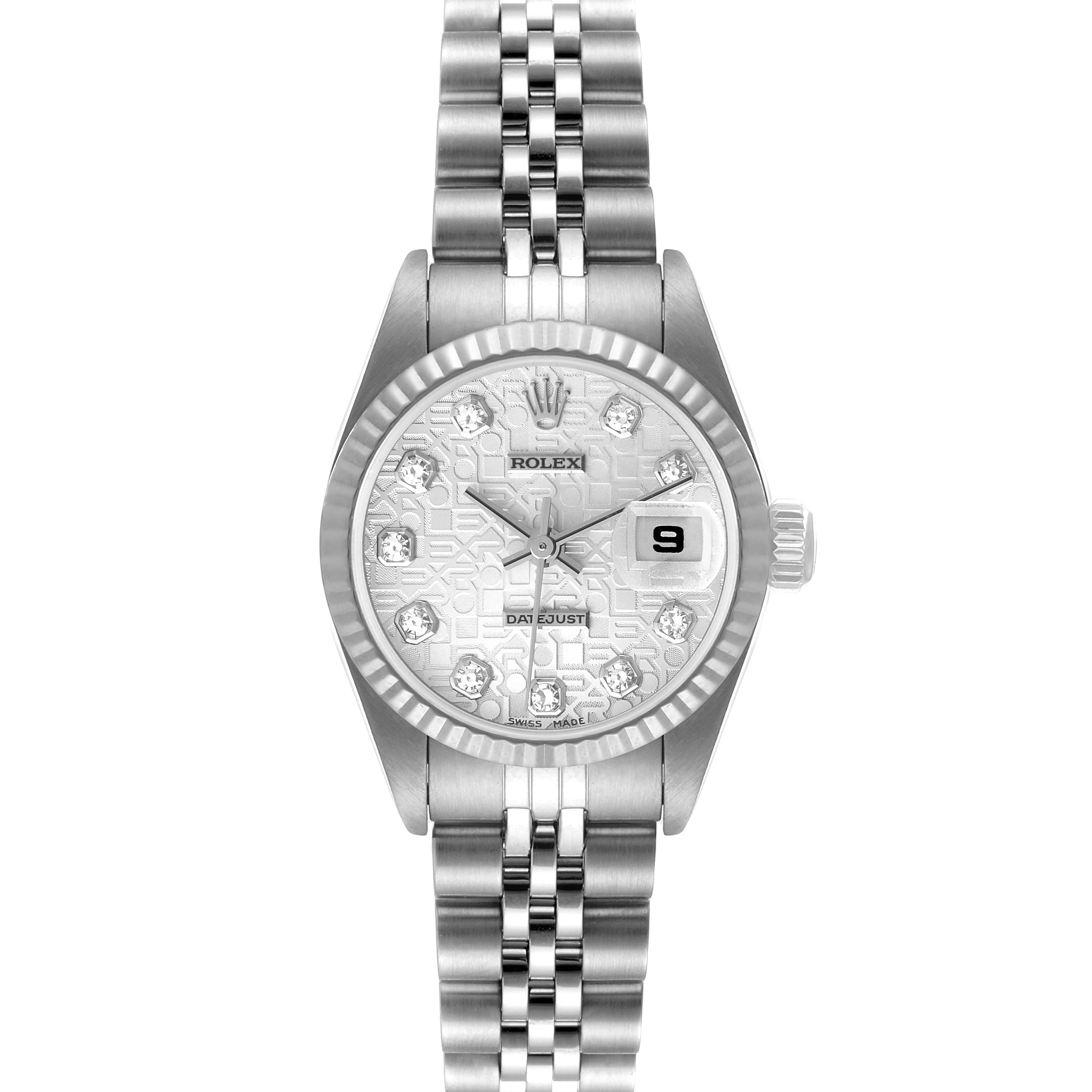 This image shows a front view of a Rolex Datejust 79174 Women's Stainless Steel Silver Dial 79174 Women's Stainless Steel Silver Dial watch, featuring the dial, bezel, crown, and bracelet.