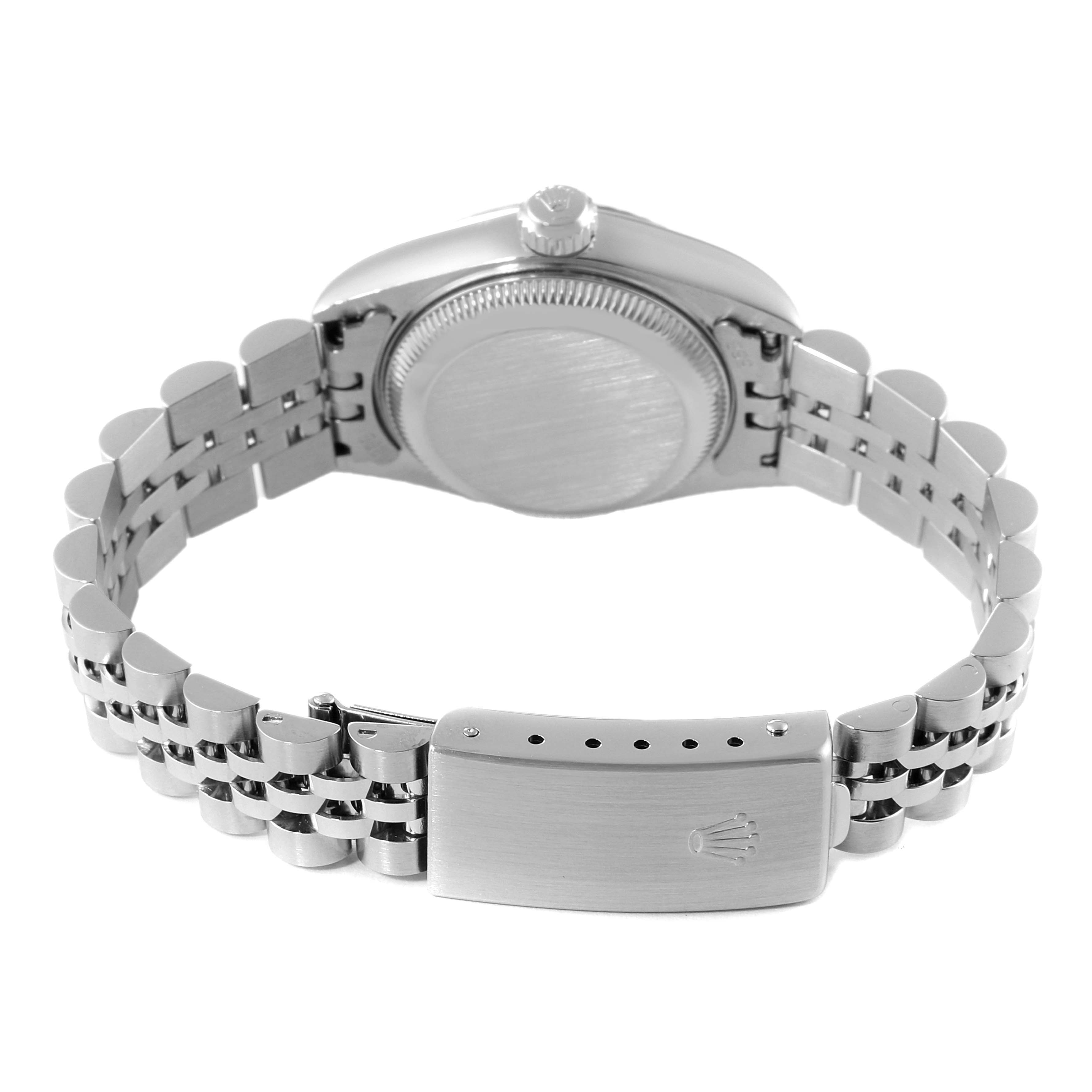 The image shows the backside and clasp of a Rolex Datejust 79174 Women's Stainless Steel Silver Dial 79174 Women's Stainless Steel Silver Dial watch, focusing on the bracelet and case back.