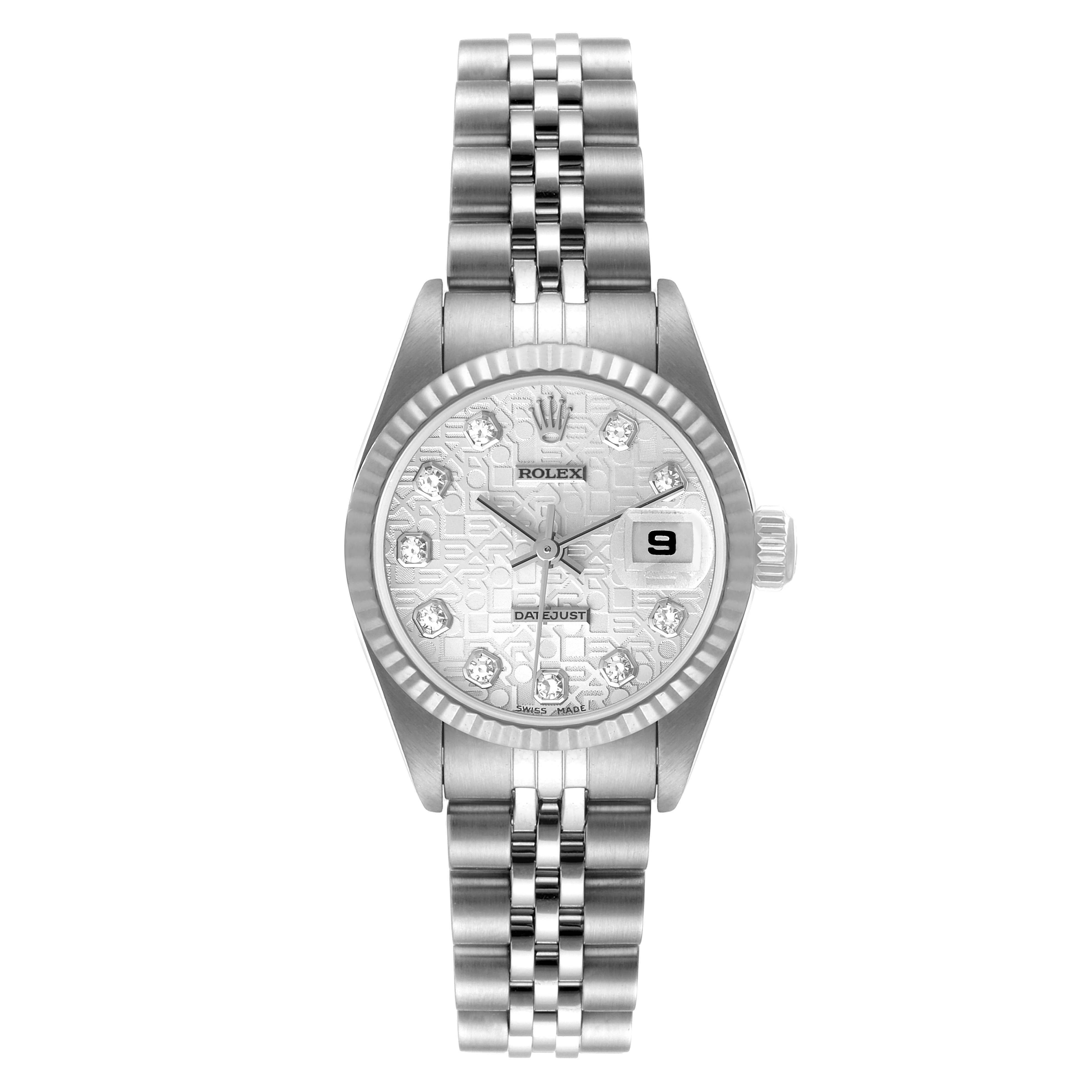 This image shows a frontal view of a Rolex Datejust 79174 Women's Stainless Steel Silver Dial 79174 Women's Stainless Steel Silver Dial watch including its dial, bezel, and bracelet.