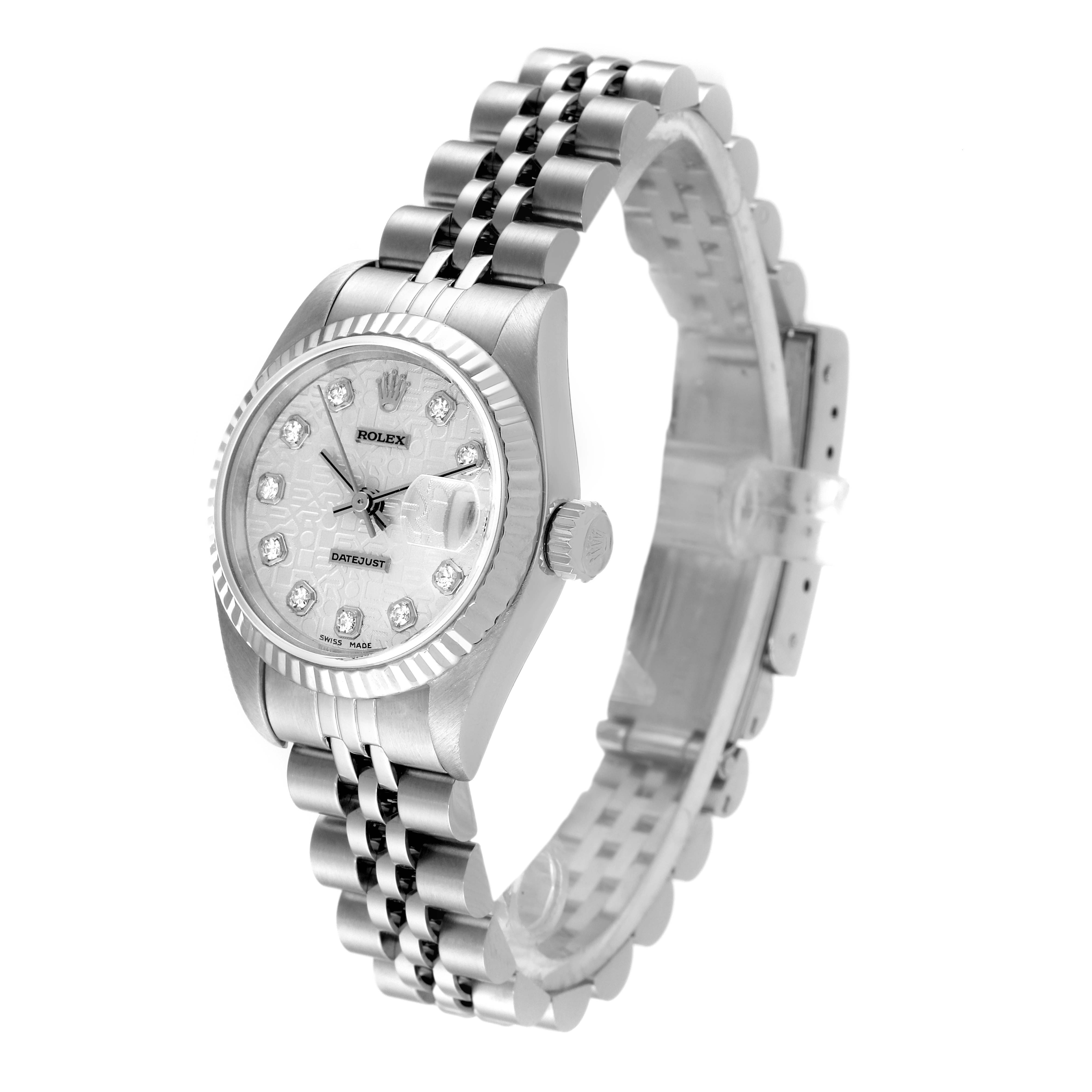 The image shows a side and front angle view of a Rolex Datejust 79174 Women's Stainless Steel Silver Dial 79174 Women's Stainless Steel Silver Dial watch, highlighting the watch face, crown, and bracelet.