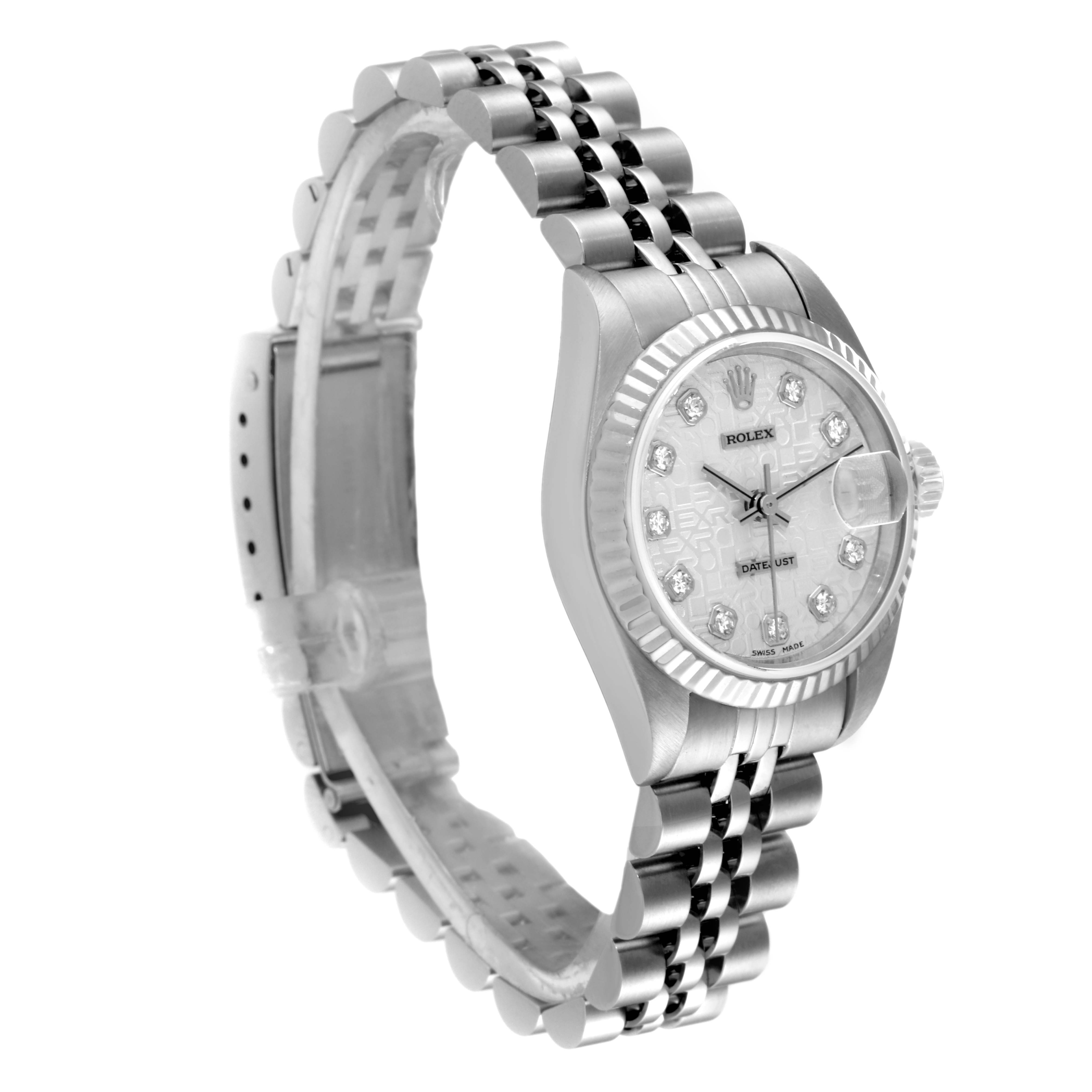 The Rolex Datejust 79174 Women's Stainless Steel Silver Dial 79174 Women's Stainless Steel Silver Dial model watch is shown at a slight side angle, displaying its face, bezel, and bracelet.