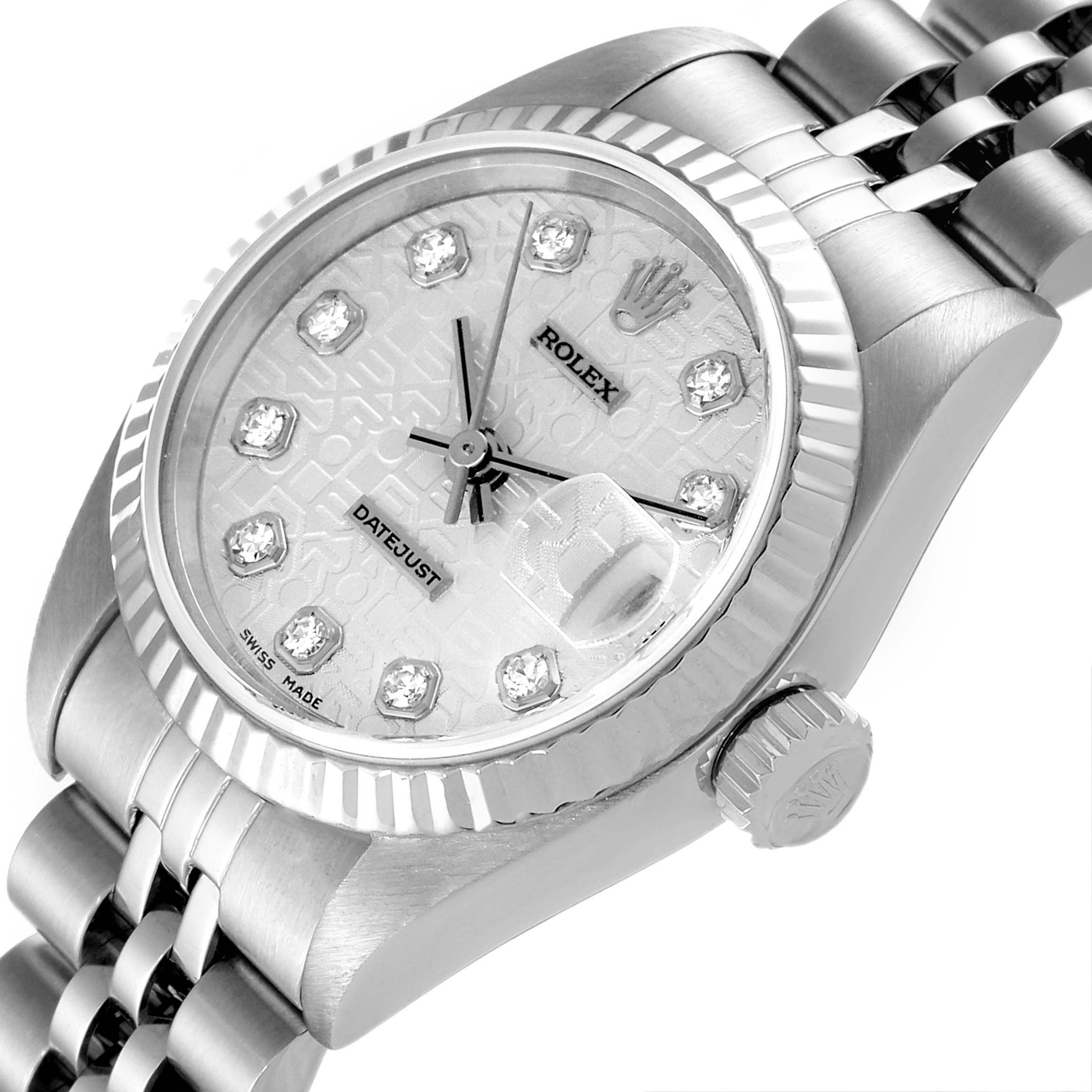 The image shows a close-up of the Rolex Datejust 79174 Women's Stainless Steel Silver Dial 79174 Women's Stainless Steel Silver Dial watch face, crown, and part of the bracelet from an angled view.