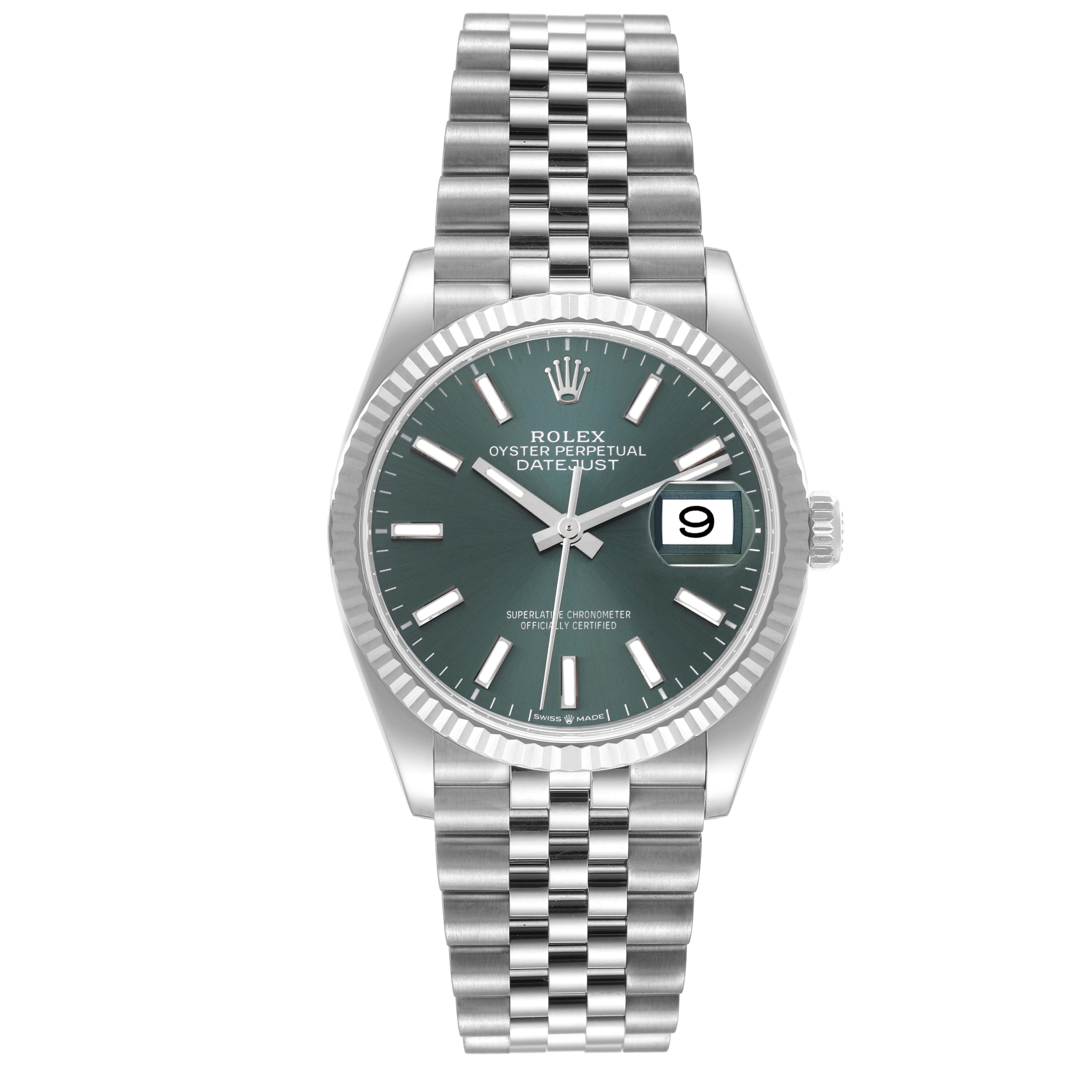 This image shows the front view of a Rolex Datejust 126234 Men's Stainless Steel Green Dial 126234 Men's Stainless Steel Green Dial watch, including the dial, hands, date window, and bracelet.