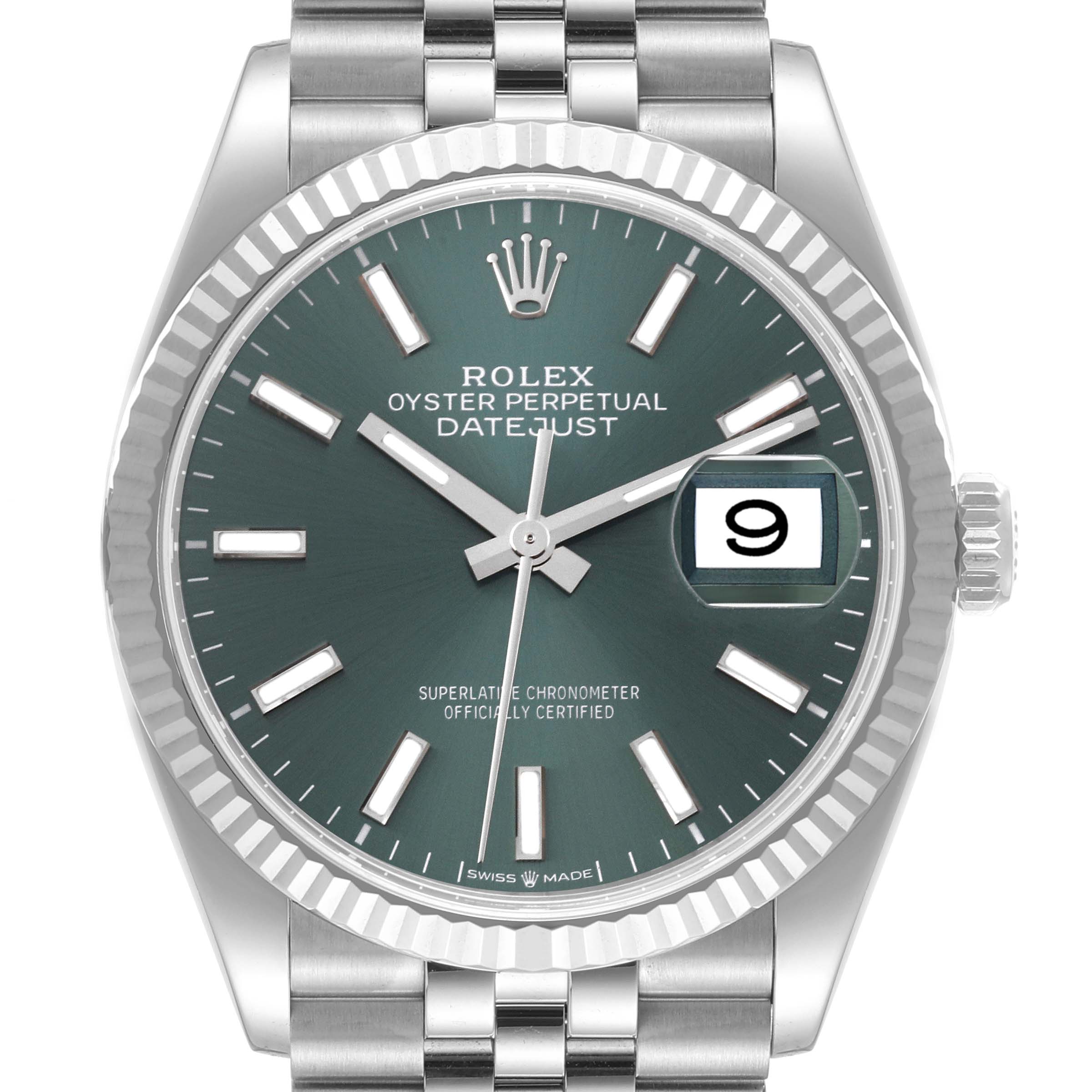 The image shows a Rolex Datejust 126234 Men's Stainless Steel Green Dial 126234 Men's Stainless Steel Green Dial watch with a green dial, fluted bezel, and jubilee bracelet from a front angle.