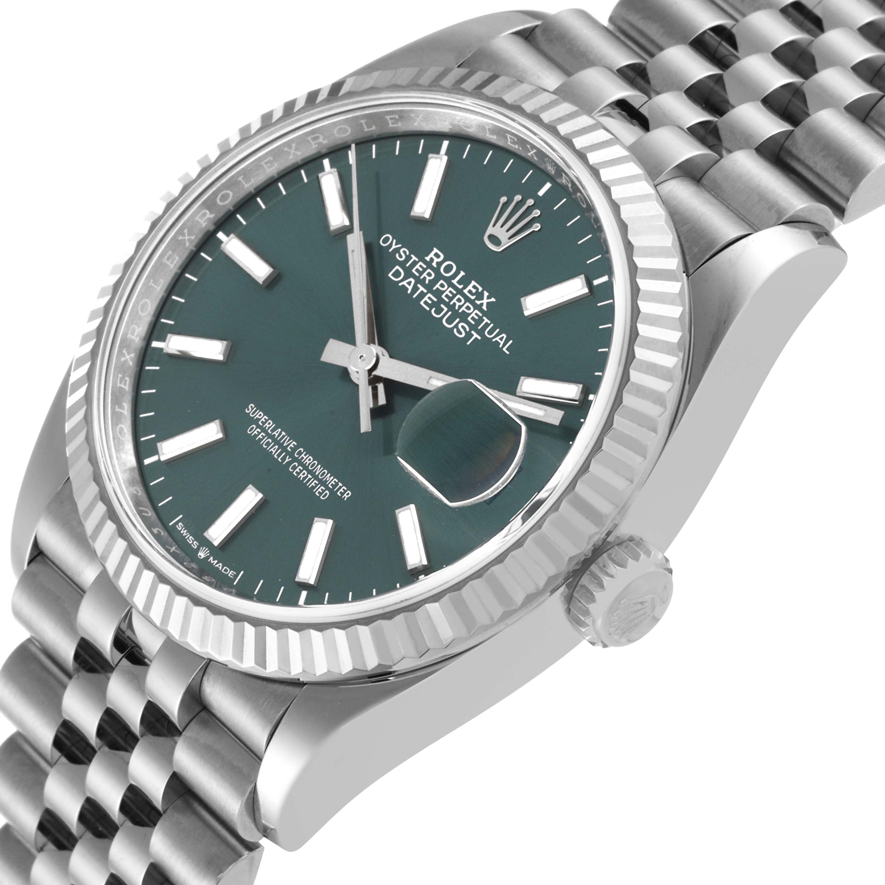 This image shows a close-up side angle of the Rolex Datejust 126234 Men's Stainless Steel Green Dial 126234 Men's Stainless Steel Green Dial model, highlighting the dial, bezel, and bracelet.