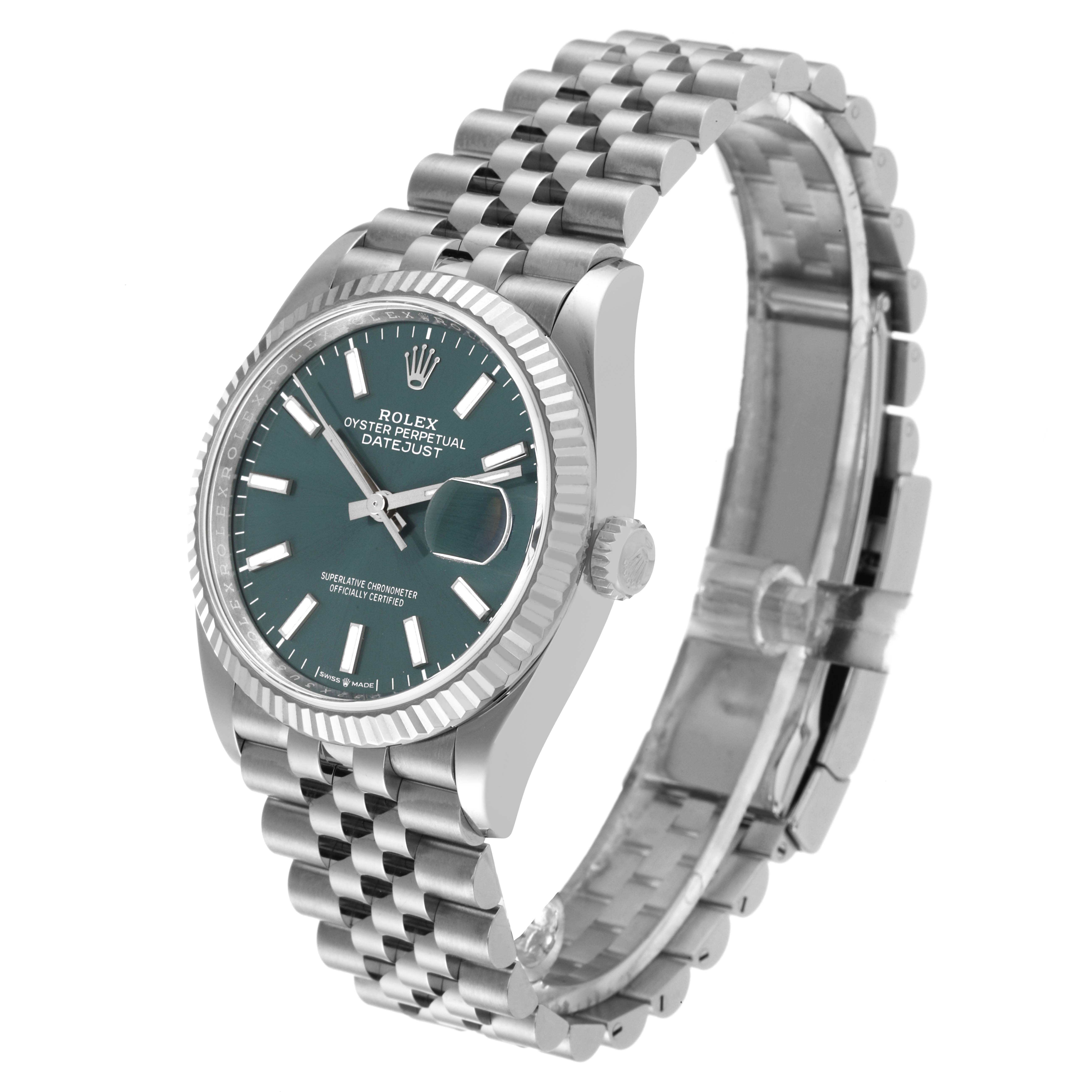 This Rolex Datejust 126234 Men's Stainless Steel Green Dial 126234 Men's Stainless Steel Green Dial watch is shown at a three-quarter angle, displaying its face, bezel, crown, and Jubilee bracelet.