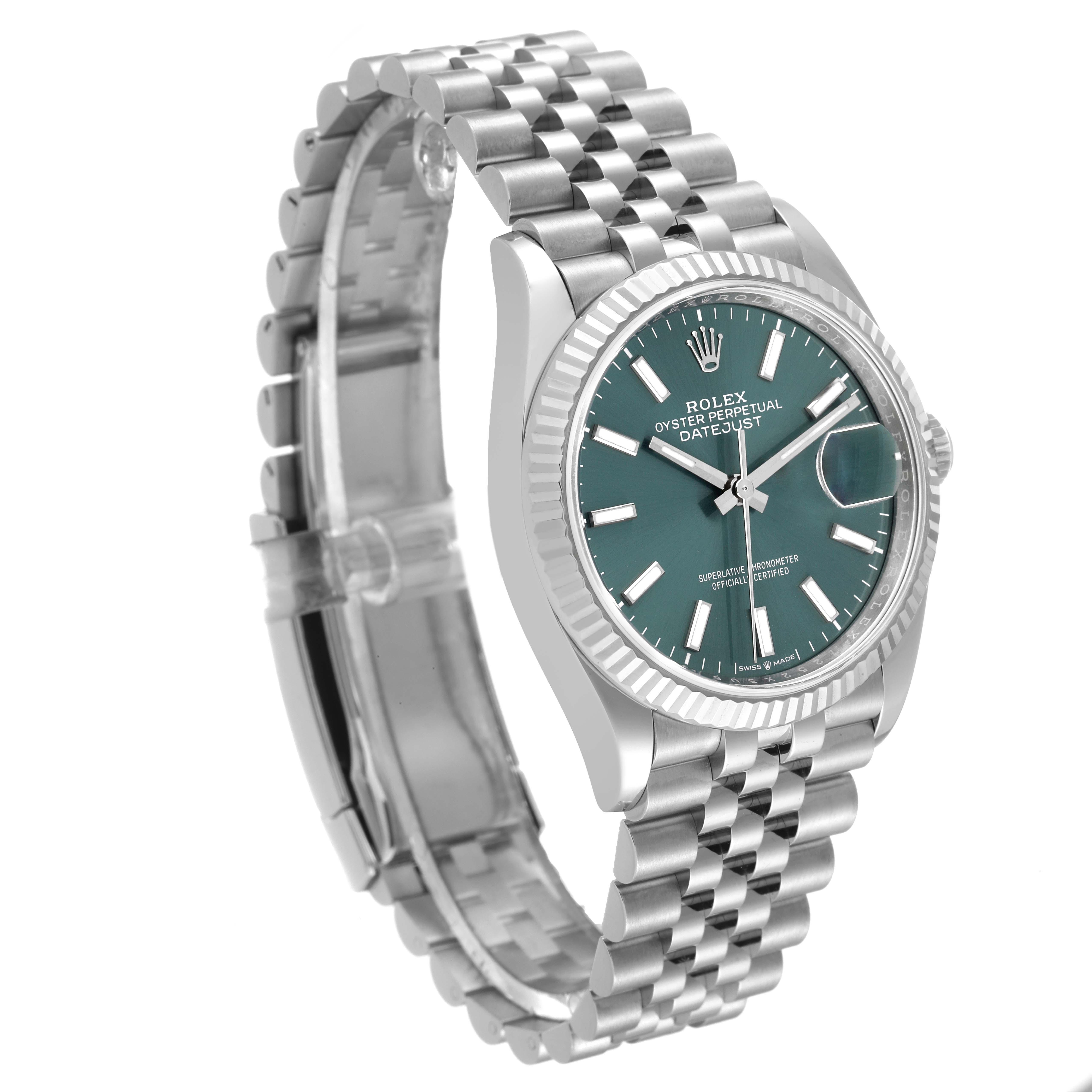 The image shows a Rolex Datejust 126234 Men's Stainless Steel Green Dial 126234 Men's Stainless Steel Green Dial watch viewed from an angle displaying the face, bezel, crown, and partially open bracelet.