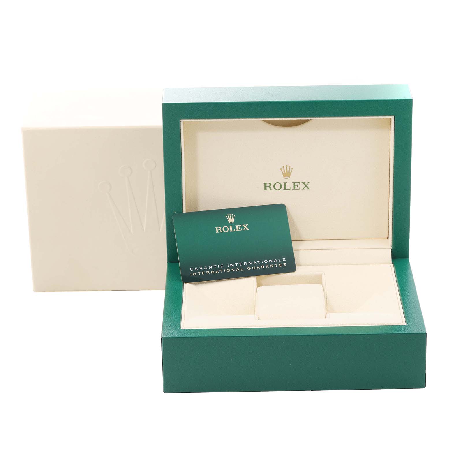 This image shows the open box and warranty card of a Rolex Datejust 126234 Men's Stainless Steel Green Dial 126234 Men's Stainless Steel Green Dial watch.