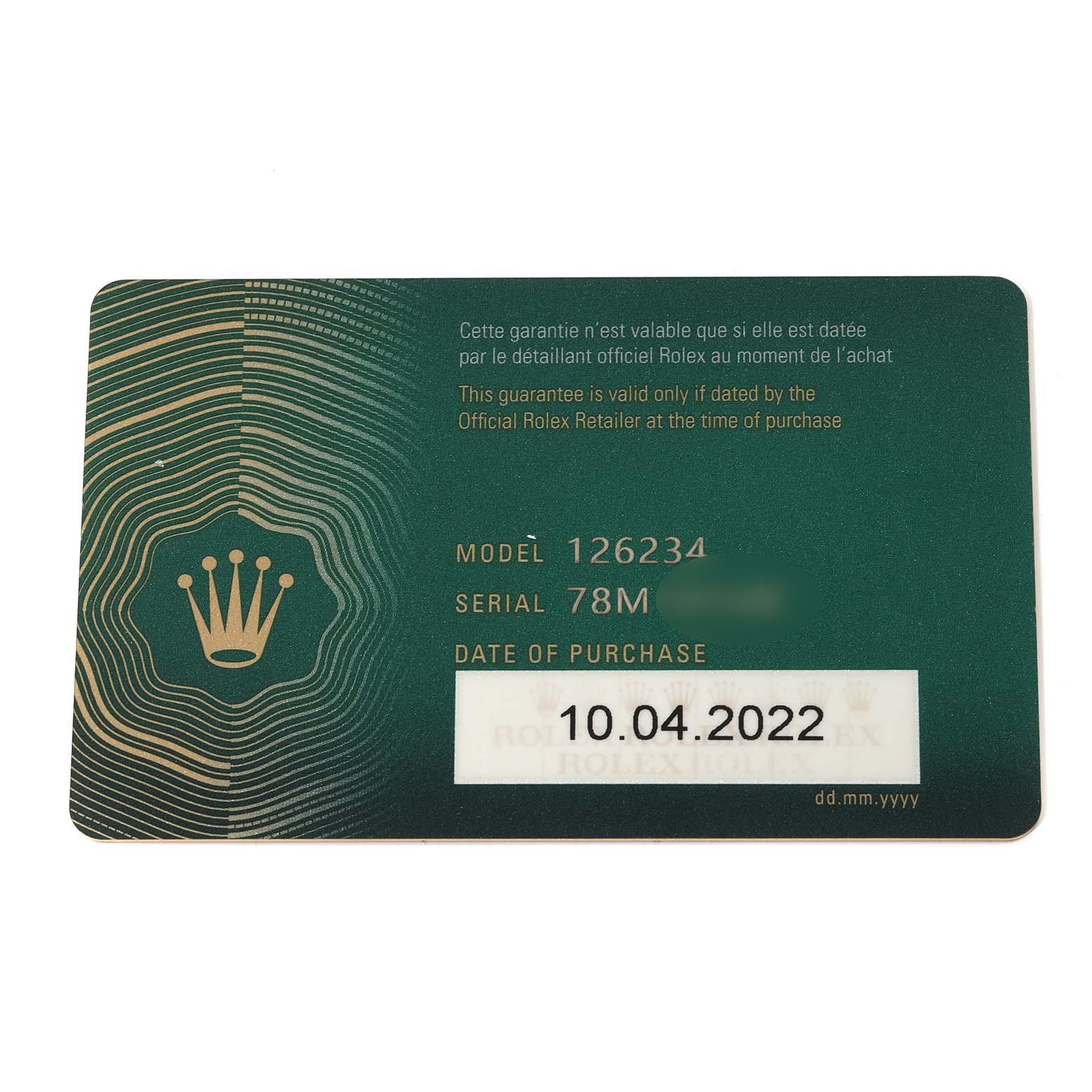 The image shows a warranty card for a Rolex Datejust 126234 Men
s Stainless Steel Silver Dial 126234 Men
s Stainless Steel Silver Dial model 126234, displaying the model and serial numbers, and the date of purchase.