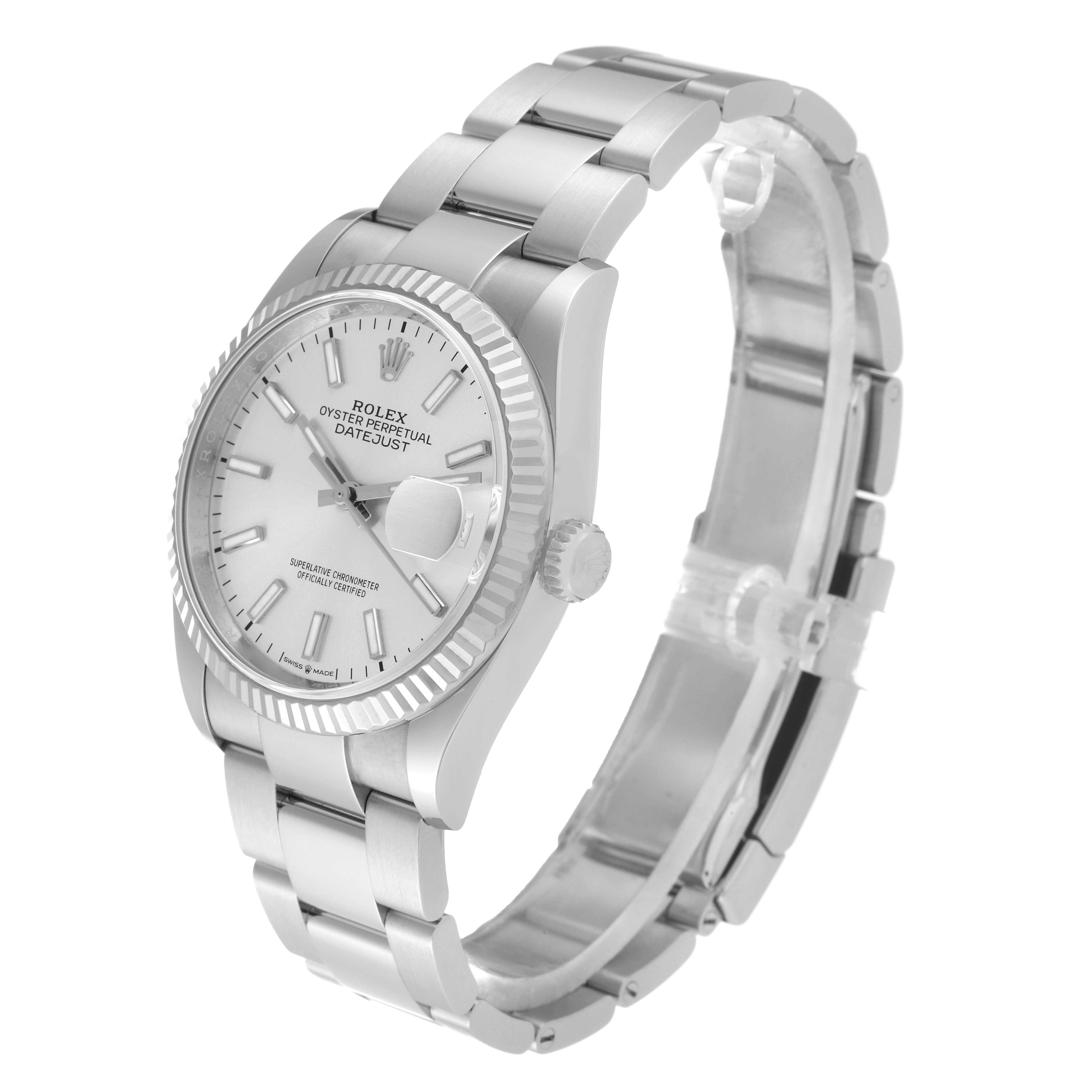 The image shows a side angle view of the Rolex Datejust 126234 Men
s Stainless Steel Silver Dial 126234 Men
s Stainless Steel Silver Dial watch with a stainless steel bracelet and fluted bezel.