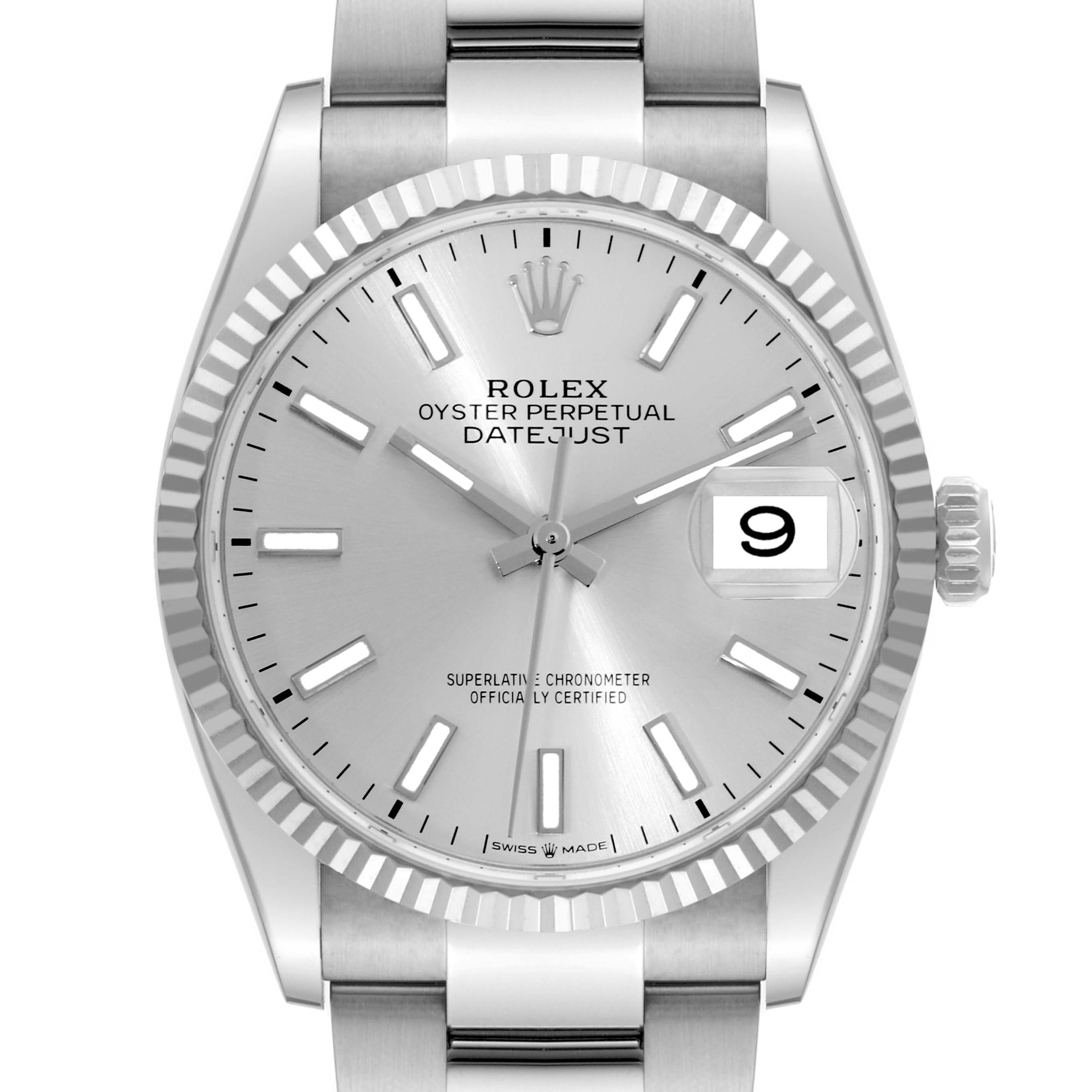 The image shows a frontal view of a Rolex Datejust 126234 Men
s Stainless Steel Silver Dial 126234 Men
s Stainless Steel Silver Dial watch, displaying the dial, hands, date window, bezel, and part of the bracelet.