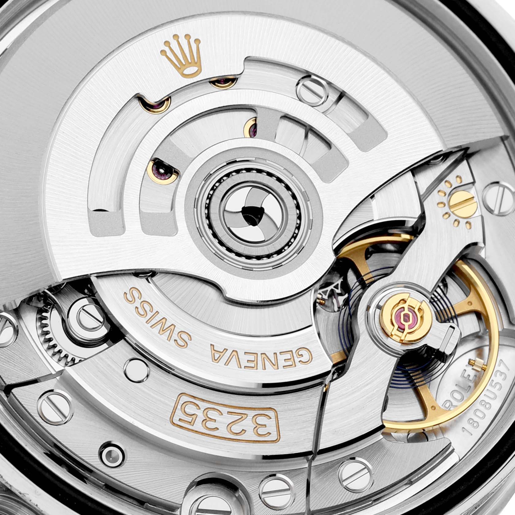The image shows a close-up view of the movement mechanism inside a Rolex Datejust 126234 Men
s Stainless Steel Silver Dial 126234 Men
s Stainless Steel Silver Dial watch.