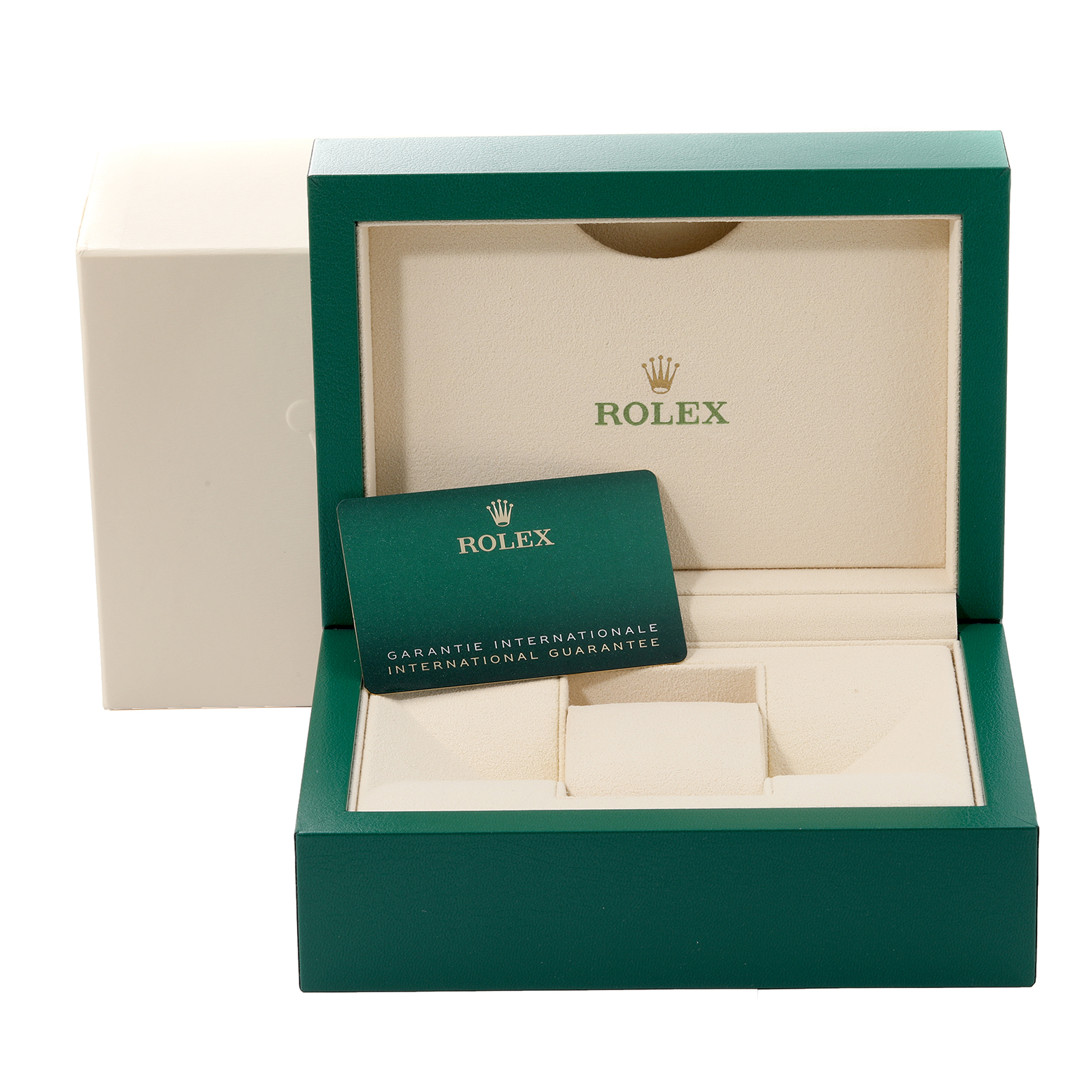 The image shows the open green and beige box and the international guarantee card for the Rolex Datejust 126234 Men
s Stainless Steel Silver Dial 126234 Men
s Stainless Steel Silver Dial model.