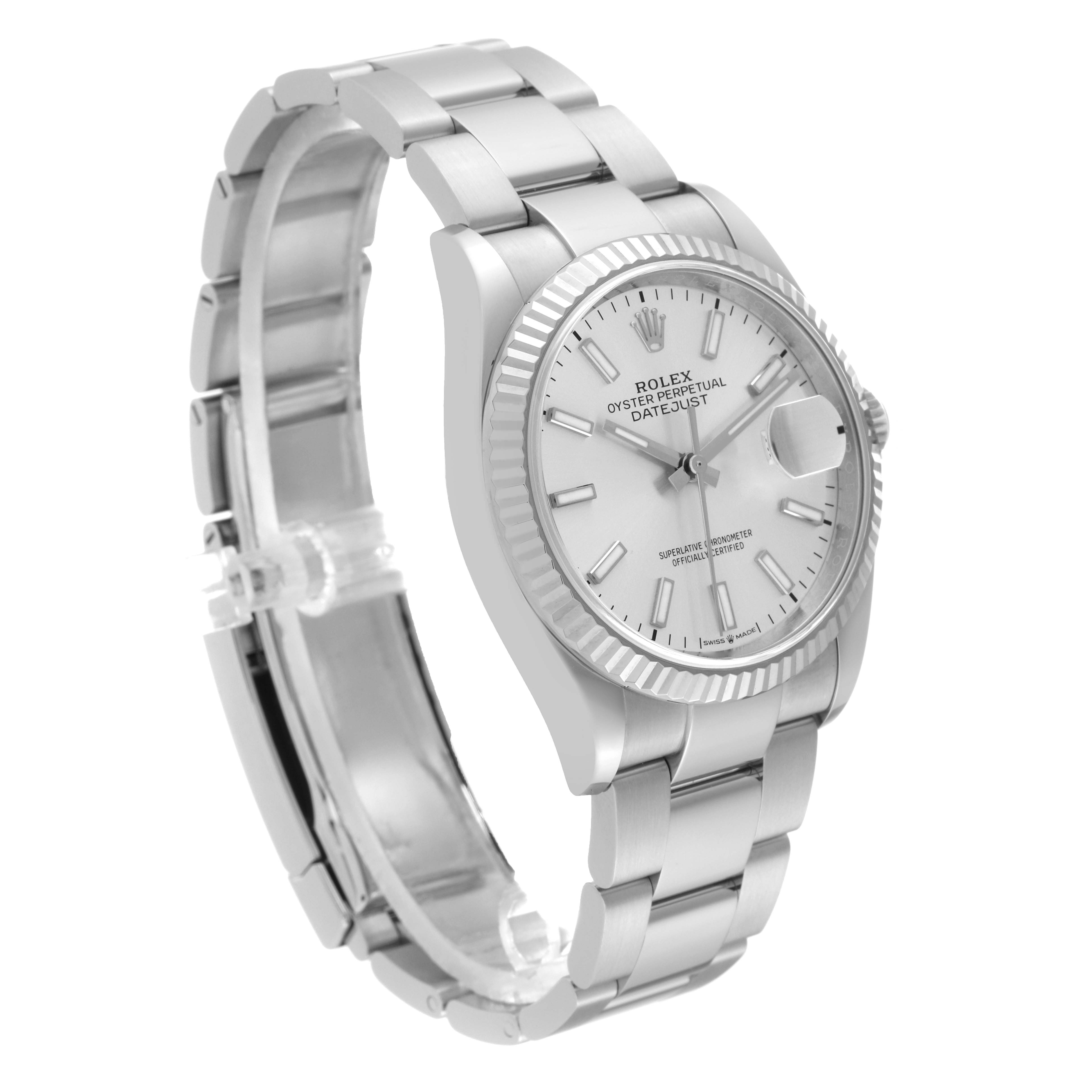 This image shows a Rolex Datejust 126234 Men
s Stainless Steel Silver Dial 126234 Men
s Stainless Steel Silver Dial watch from a three-quarter angle, highlighting the face, bezel, and bracelet.