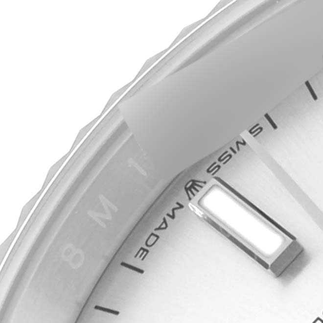 The image shows a close-up of the dial and partial bezel of a Rolex Datejust 126234 Men
s Stainless Steel Silver Dial 126234 Men
s Stainless Steel Silver Dial watch, highlighting the markers and "Swiss Made" text.