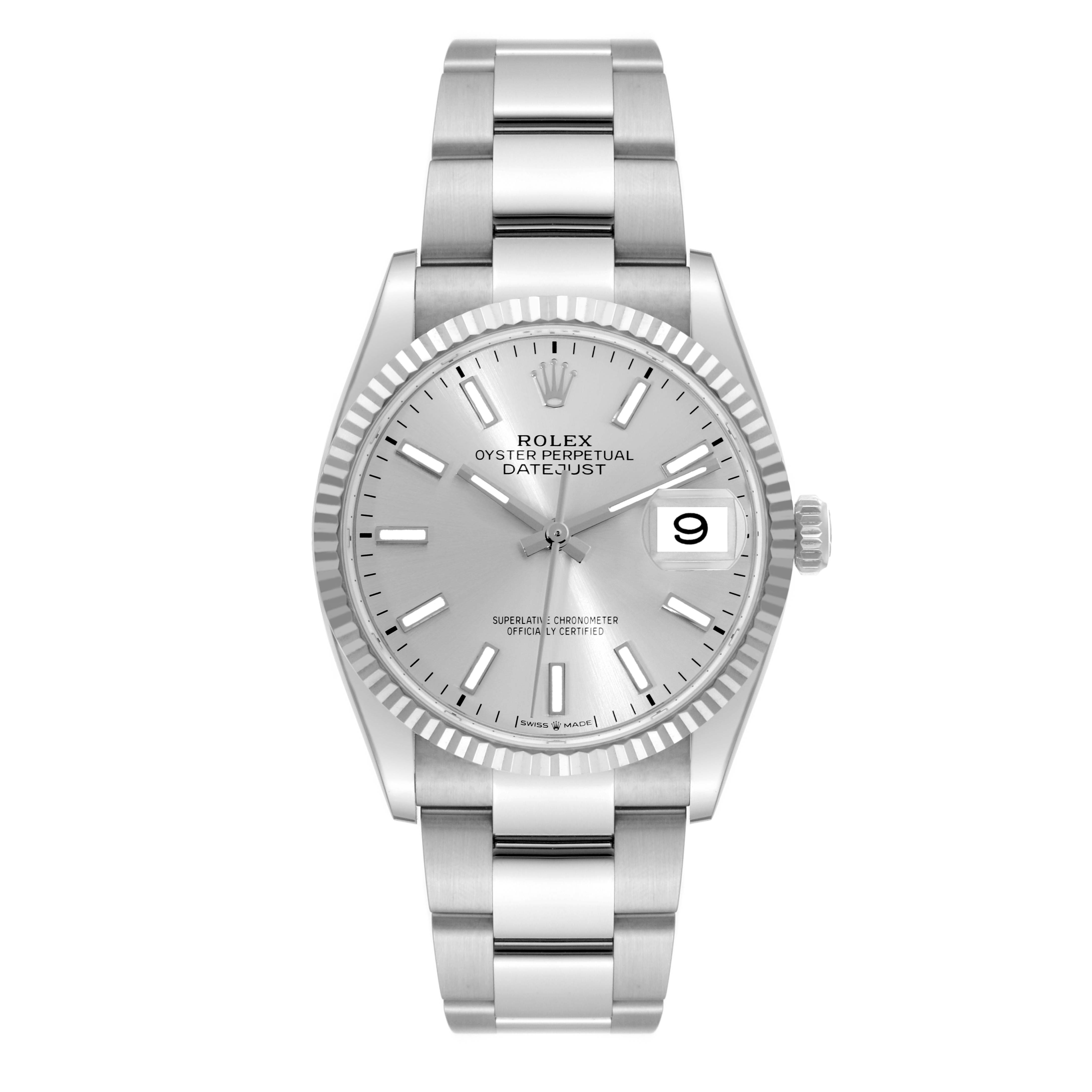 This image shows a front view of a Rolex Datejust 126234 Men
s Stainless Steel Silver Dial 126234 Men
s Stainless Steel Silver Dial watch, highlighting its dial, bezel, and bracelet.
