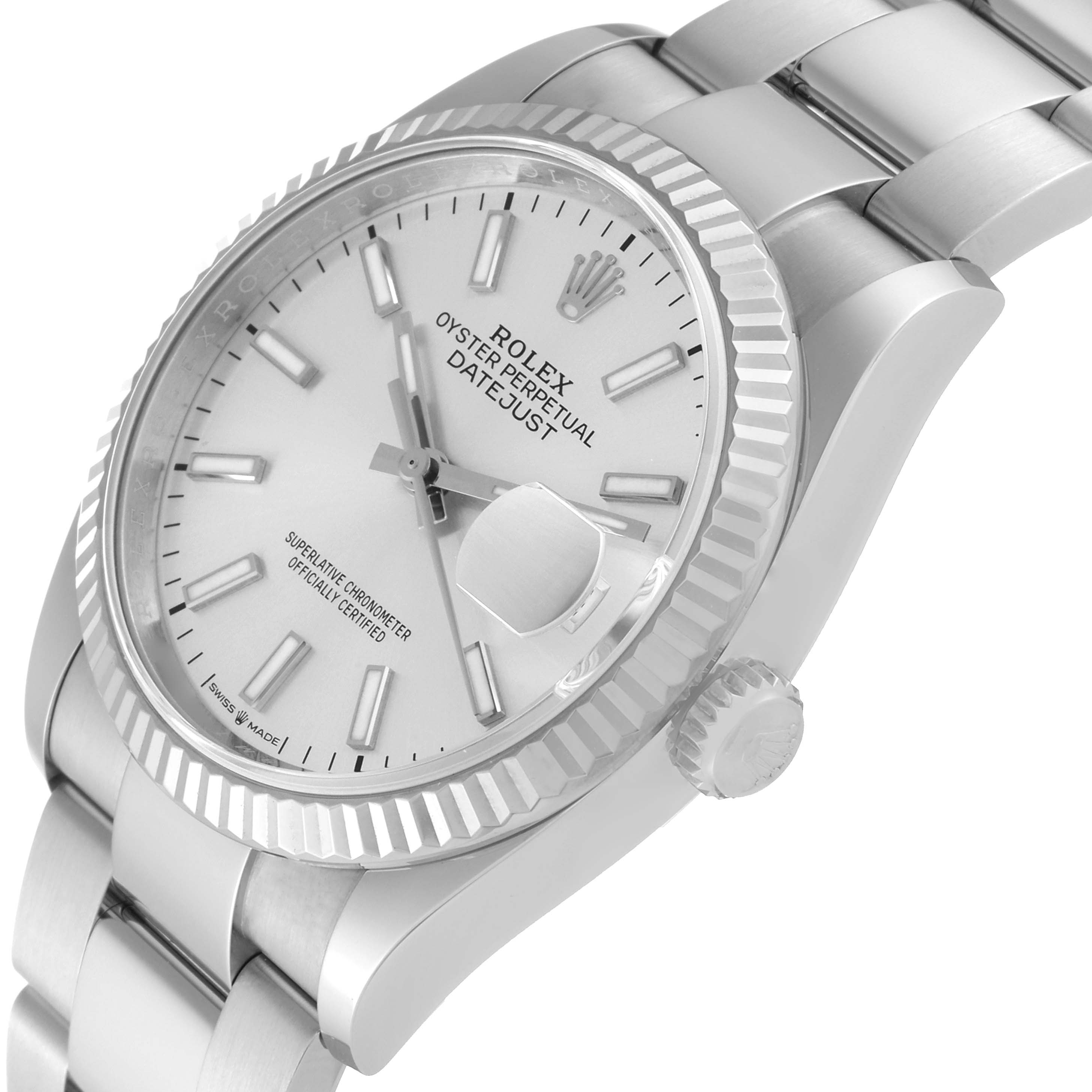 This image shows a close-up of a Rolex Datejust 126234 Men
s Stainless Steel Silver Dial 126234 Men
s Stainless Steel Silver Dial watch
s face, bezel, and part of its bracelet from a three-quarter angle.