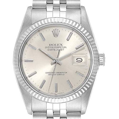 The Rolex Vintage Collection Datejust model is shown from the front, displaying the face, bezel, dial, and part of the bracelet.