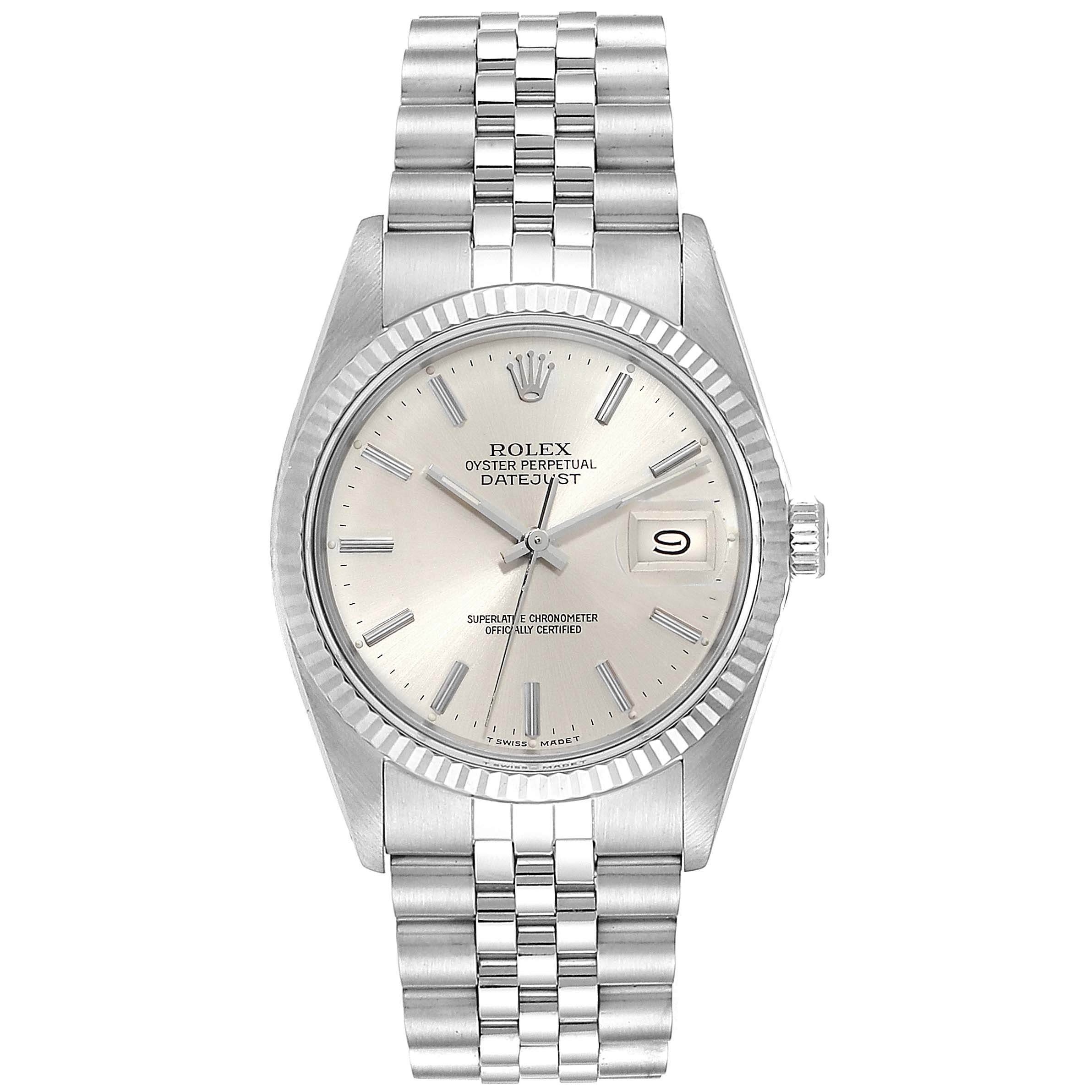 The Rolex Vintage Collection 16014 Men
s Stainless Steel Silver Dial 16014 Men
s Stainless Steel Silver Dial watch is shown from a front angle, highlighting its silver dial, date window, and stainless steel bracelet.