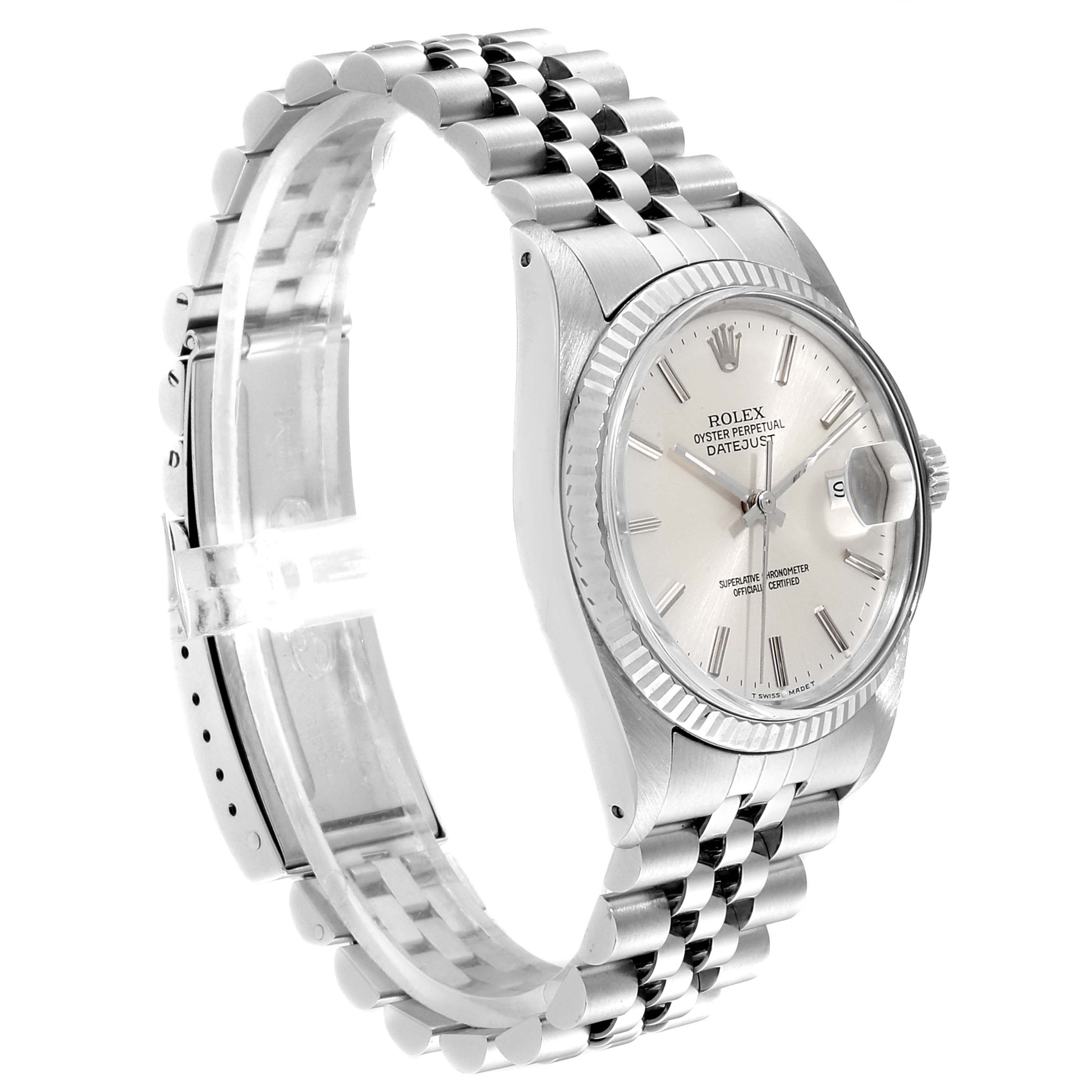 The Rolex Vintage Collection 16014 Men
s Stainless Steel Silver Dial 16014 Men
s Stainless Steel Silver Dial model is shown at a side angle, displaying its silver bracelet, round dial, and case.