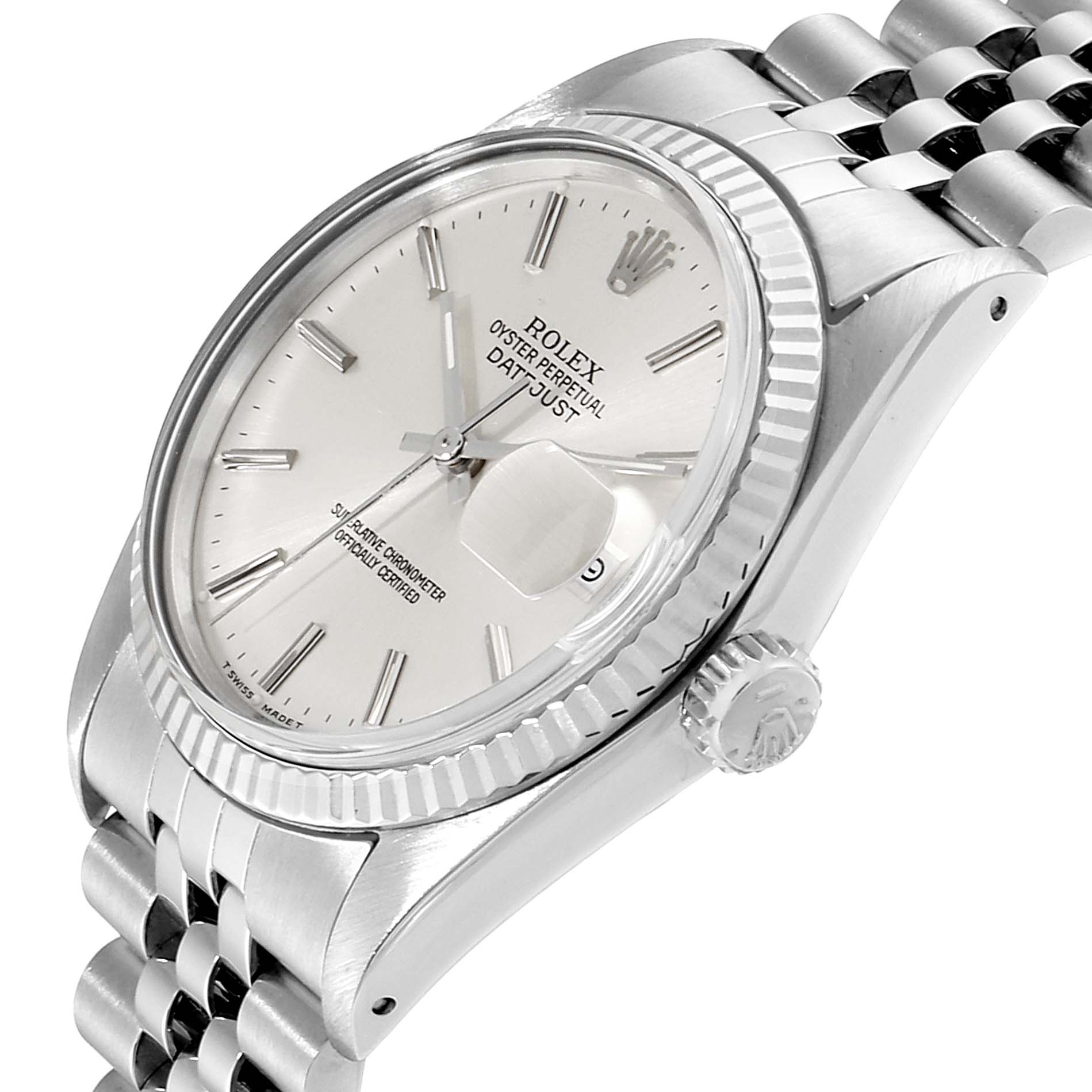 The Rolex Vintage Collection 16014 Men
s Stainless Steel Silver Dial 16014 Men
s Stainless Steel Silver Dial model is shown at an angle showcasing the face, crown, and part of the bracelet.