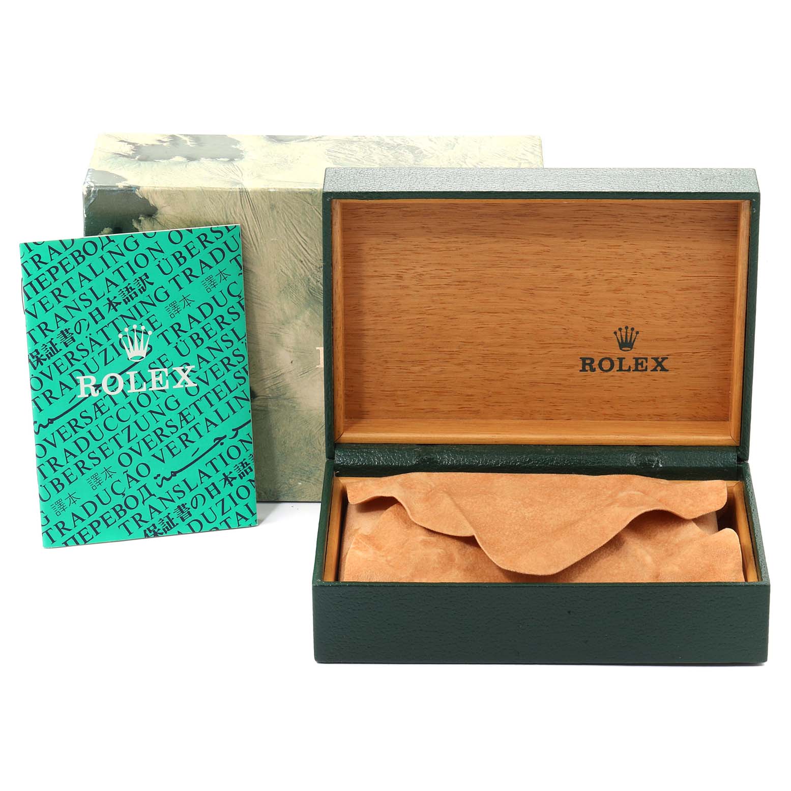 The image shows an empty Rolex Vintage Collection 16014 Men
s Stainless Steel Silver Dial 16014 Men
s Stainless Steel Silver Dial watch box, an instruction booklet, and an outer packaging box.