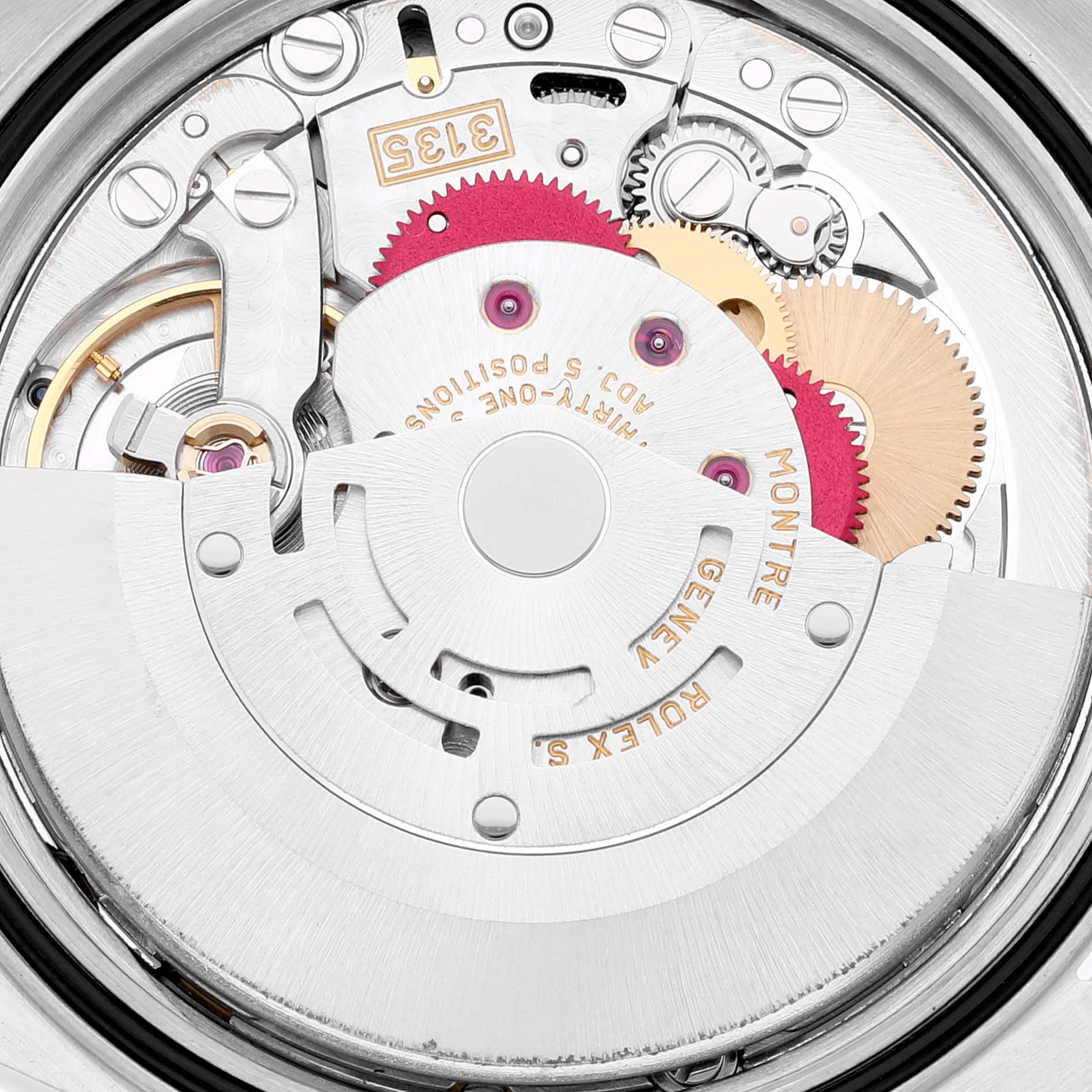 The image shows a close-up of the movement mechanism inside a Rolex Datejust 16233 Men's Steel and Gold (two tone) Champagne Dial 16233 Men's Steel and Gold (two tone) Champagne Dial watch, highlighting gears and the rotor.