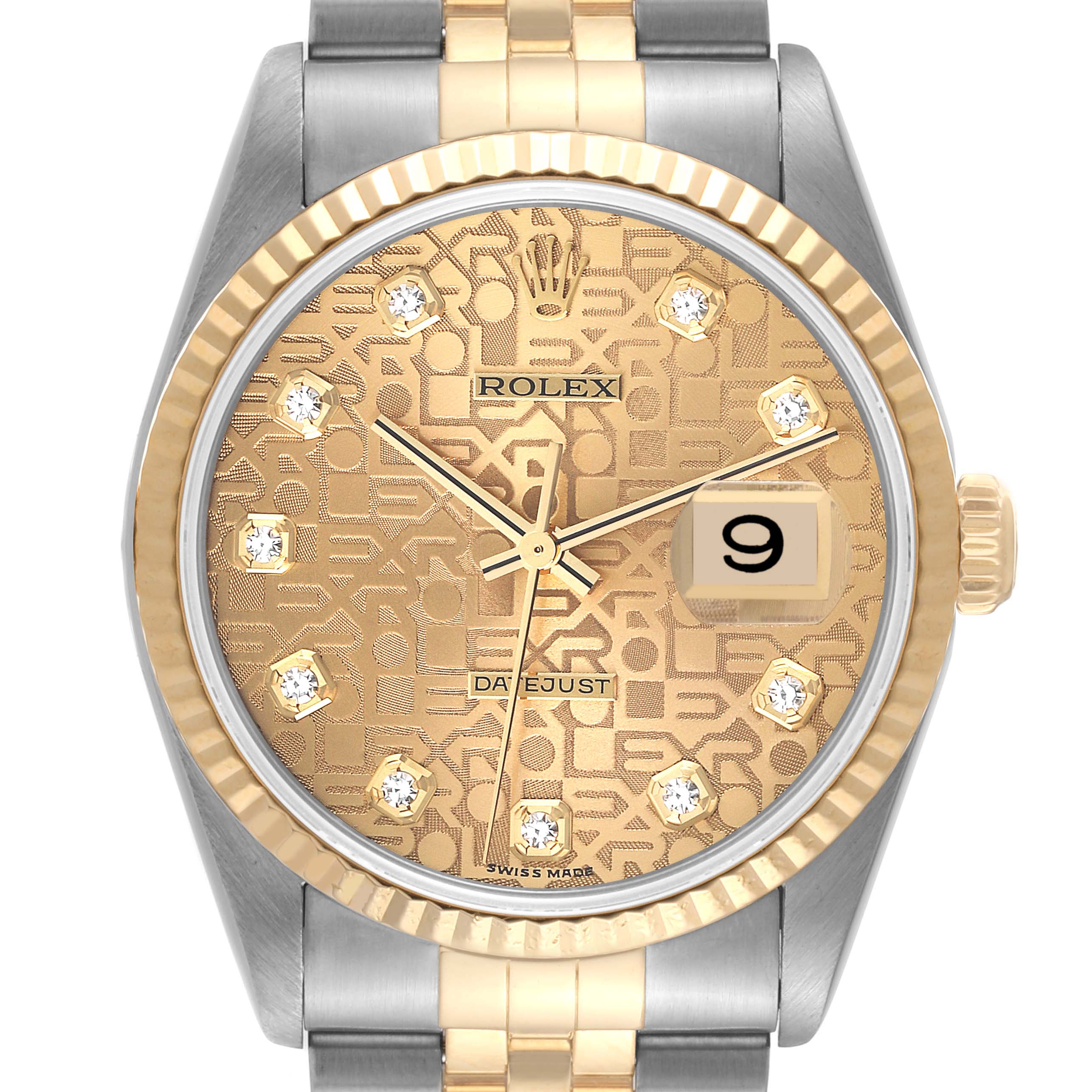 The image shows a frontal view of a Rolex Datejust 16233 Men's Steel and Gold (two tone) Champagne Dial 16233 Men's Steel and Gold (two tone) Champagne Dial model, highlighting the dial, bezel, and parts of the bracelet.