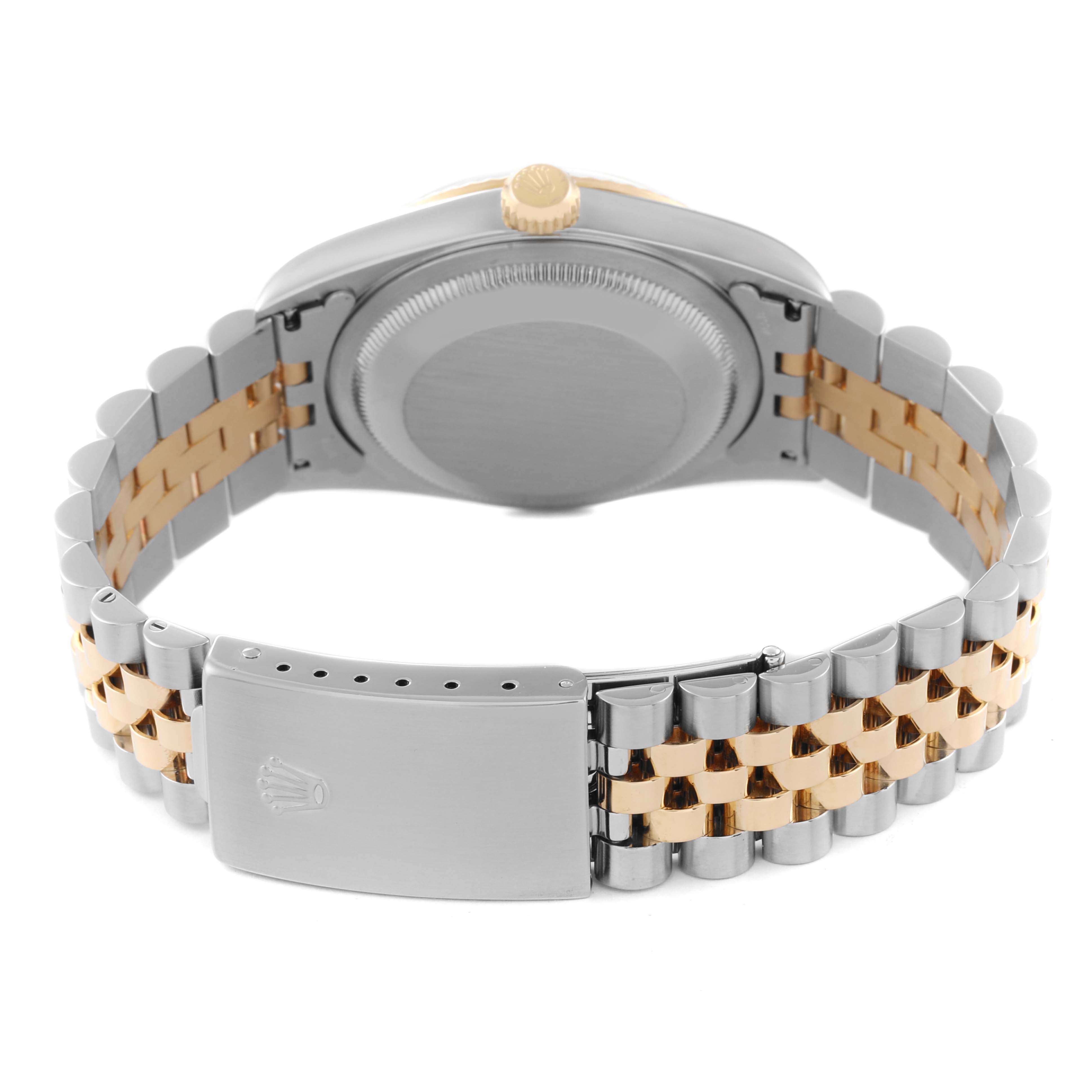 This image shows the back view of a Rolex Datejust 16233 Men's Steel and Gold (two tone) Champagne Dial 16233 Men's Steel and Gold (two tone) Champagne Dial watch, focusing on the clasp and bracelet.