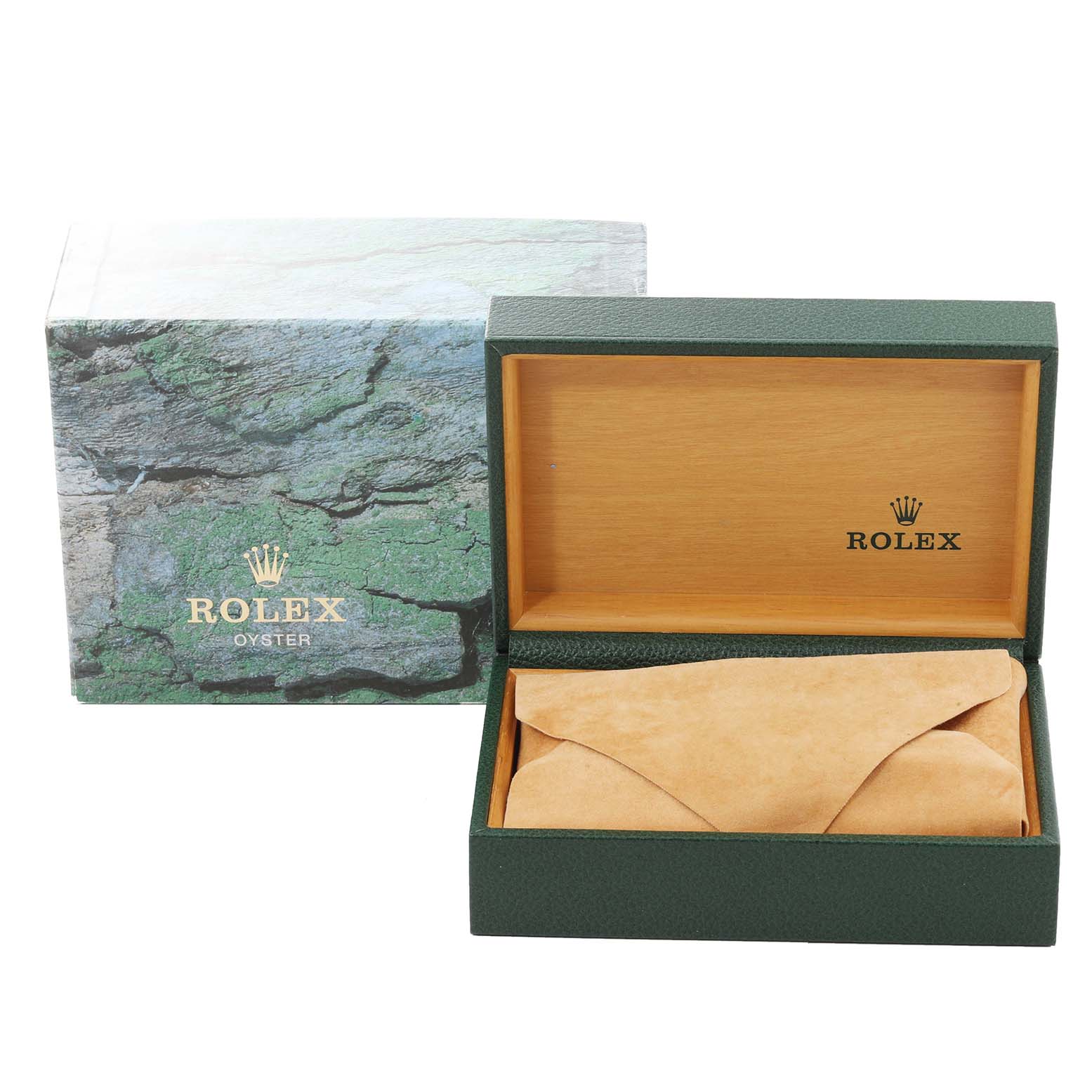 The image shows a Rolex Datejust 16233 Men's Steel and Gold (two tone) Champagne Dial 16233 Men's Steel and Gold (two tone) Champagne Dial watch box, including an outer green box and an open inner box with a leather pouch inside.