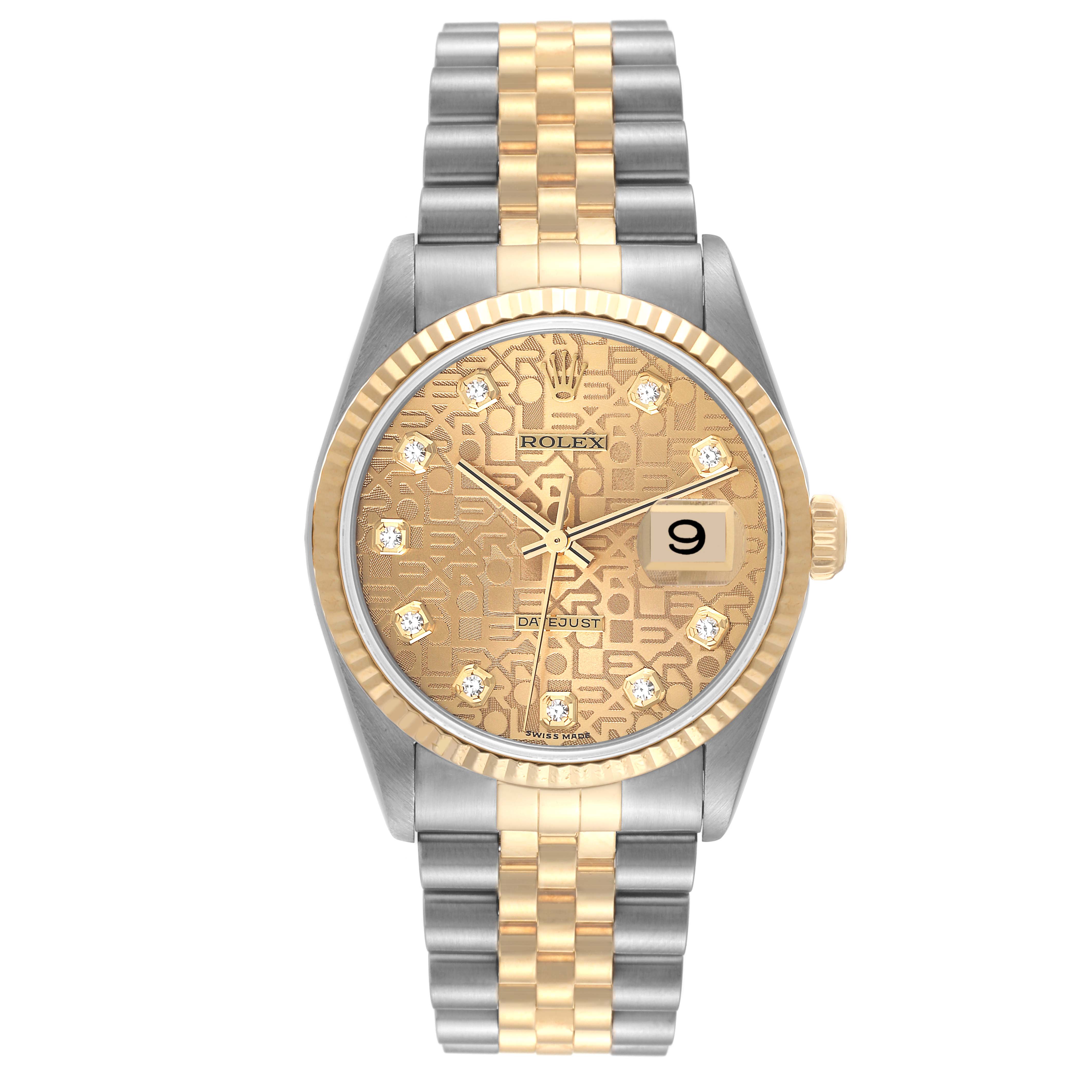 This Rolex Datejust 16233 Men's Steel and Gold (two tone) Champagne Dial 16233 Men's Steel and Gold (two tone) Champagne Dial watch is shown from the front, displaying the dial, bezel, crown, and two-tone bracelet.