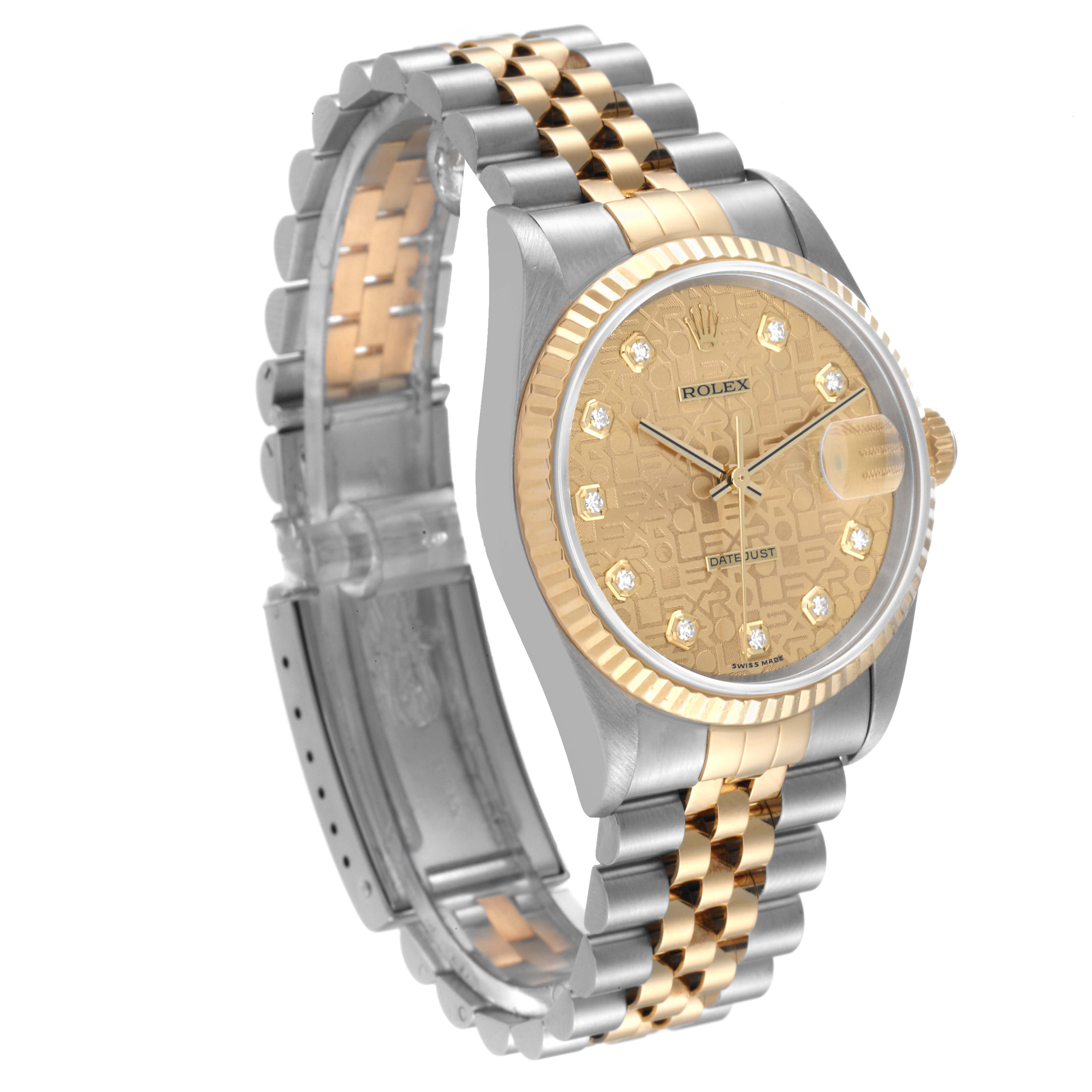 The Rolex Datejust 16233 Men's Steel and Gold (two tone) Champagne Dial 16233 Men's Steel and Gold (two tone) Champagne Dial watch is shown at a three-quarter angle, highlighting the face, bezel, and two-tone bracelet.