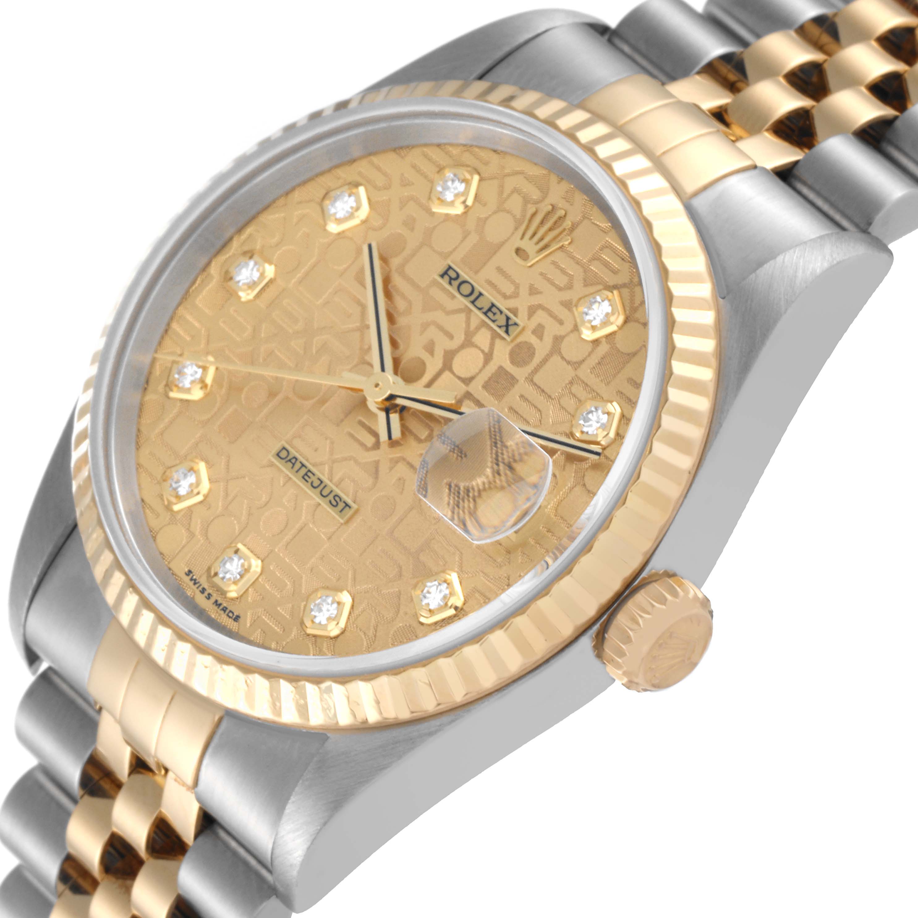 The Rolex Datejust 16233 Men's Steel and Gold (two tone) Champagne Dial 16233 Men's Steel and Gold (two tone) Champagne Dial watch is shown at a slight angle, displaying the dial, bezel, crown, and part of the bracelet.