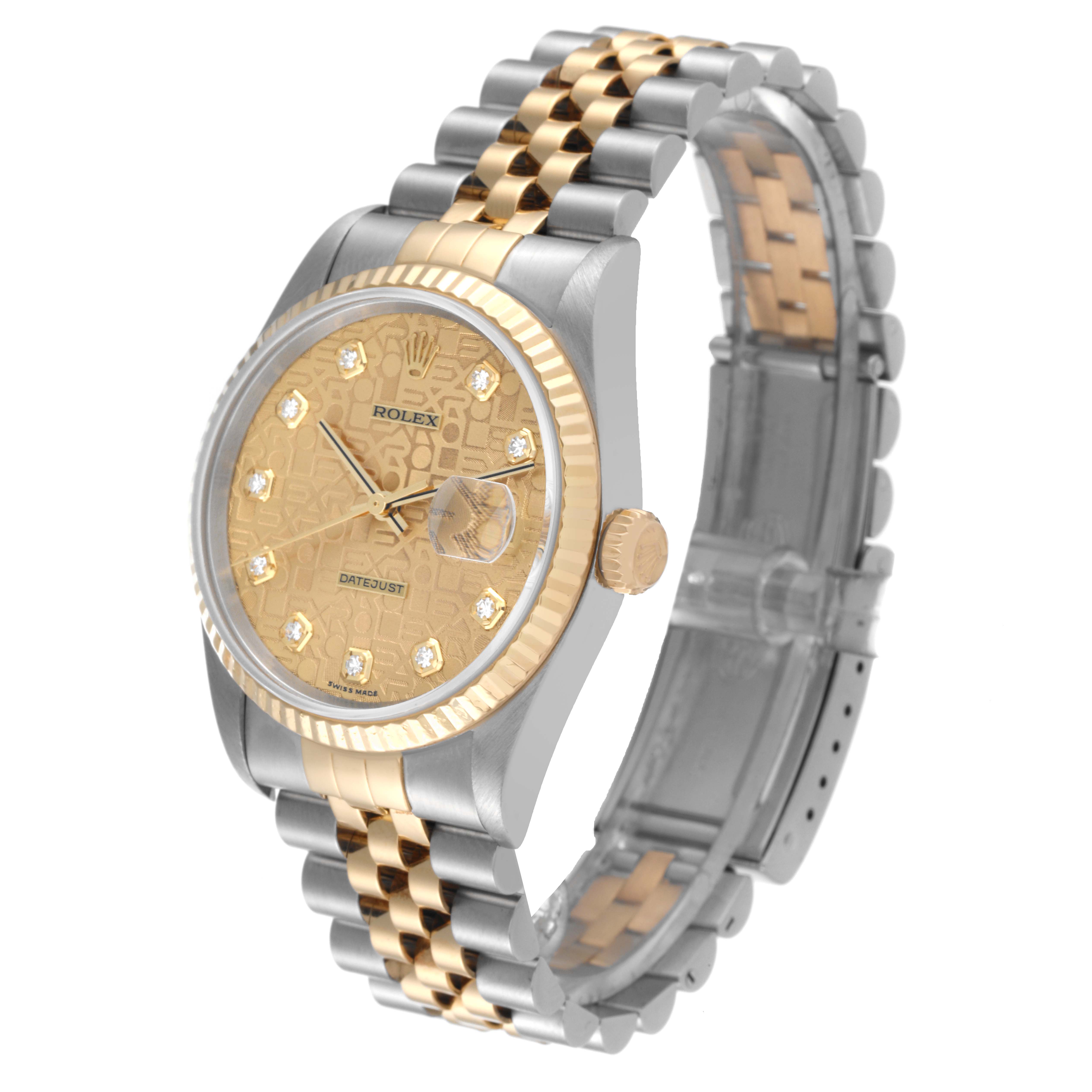 This image shows a gold and silver Rolex Datejust 16233 Men's Steel and Gold (two tone) Champagne Dial 16233 Men's Steel and Gold (two tone) Champagne Dial watch at a three-quarter angle, displaying its dial, bezel, crown, and bracelet.