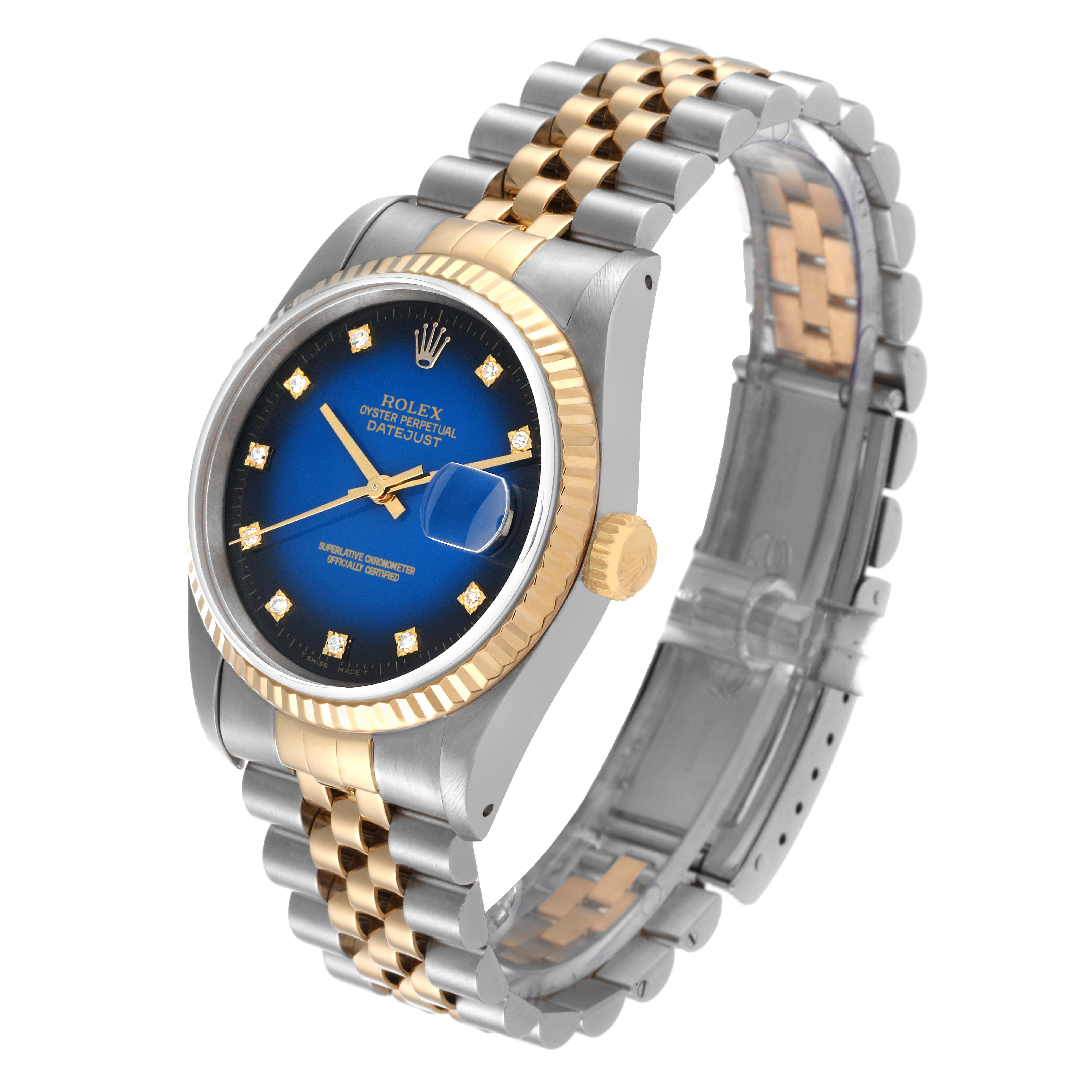 The Rolex Datejust 16233 Men's Steel and Gold (two tone) Blue Dial 16233 Men's Steel and Gold (two tone) Blue Dial watch is shown at a three-quarter angle, highlighting the face, bezel, crown, and two-tone bracelet.