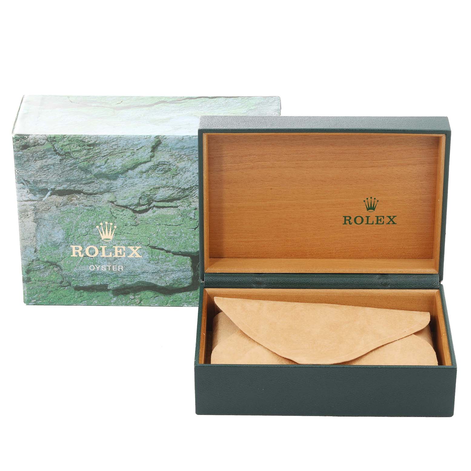 The image shows the open presentation box and outer box for a Rolex Datejust 16233 Men's Steel and Gold (two tone) Blue Dial 16233 Men's Steel and Gold (two tone) Blue Dial watch.