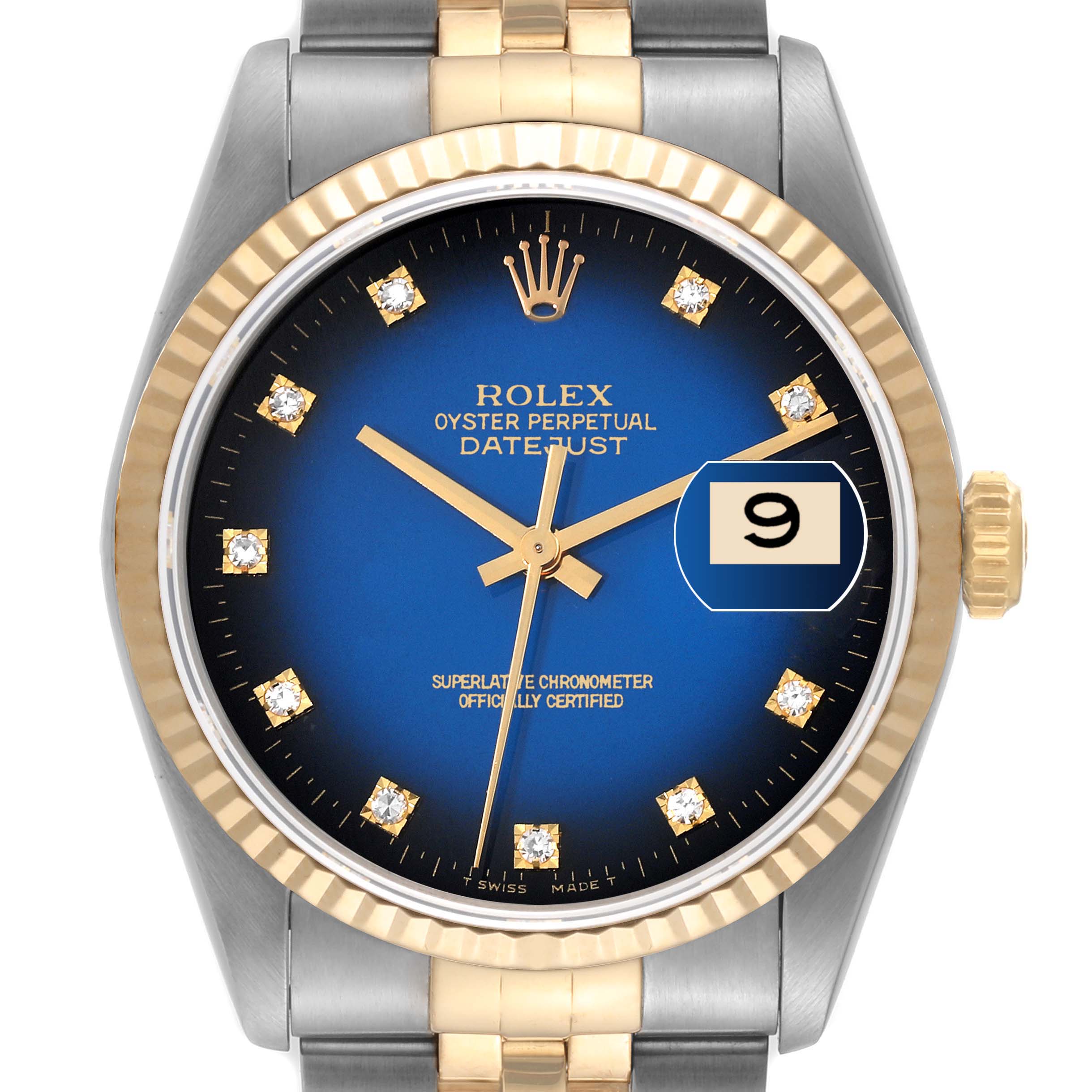 This image shows a frontal view of a Rolex Datejust 16233 Men's Steel and Gold (two tone) Blue Dial 16233 Men's Steel and Gold (two tone) Blue Dial watch, highlighting the blue dial, gold indices, and two-tone bracelet.