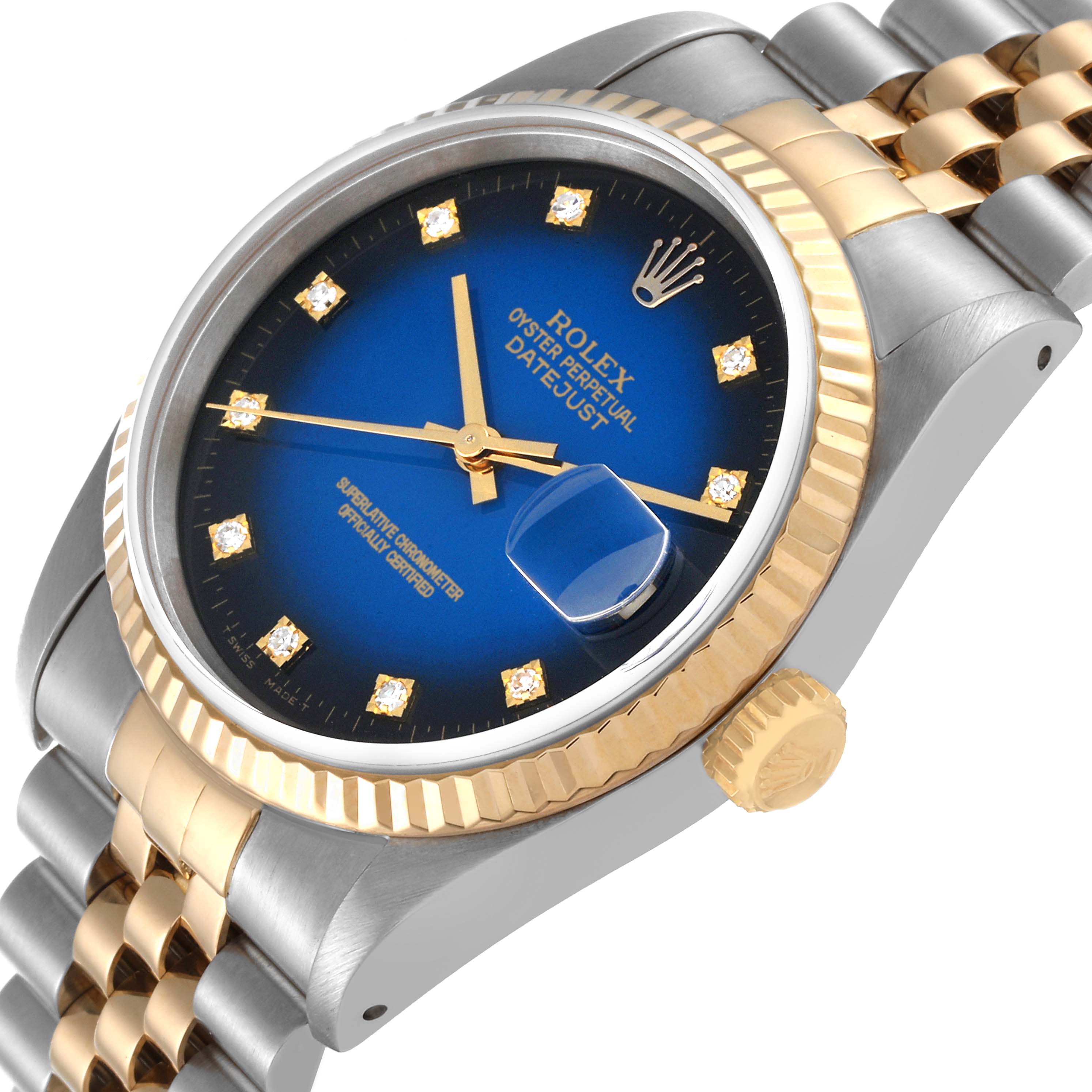 This image shows a side angle of the Rolex Datejust 16233 Men's Steel and Gold (two tone) Blue Dial 16233 Men's Steel and Gold (two tone) Blue Dial watch, highlighting its crown, bracelet, and blue dial with diamond hour markers.