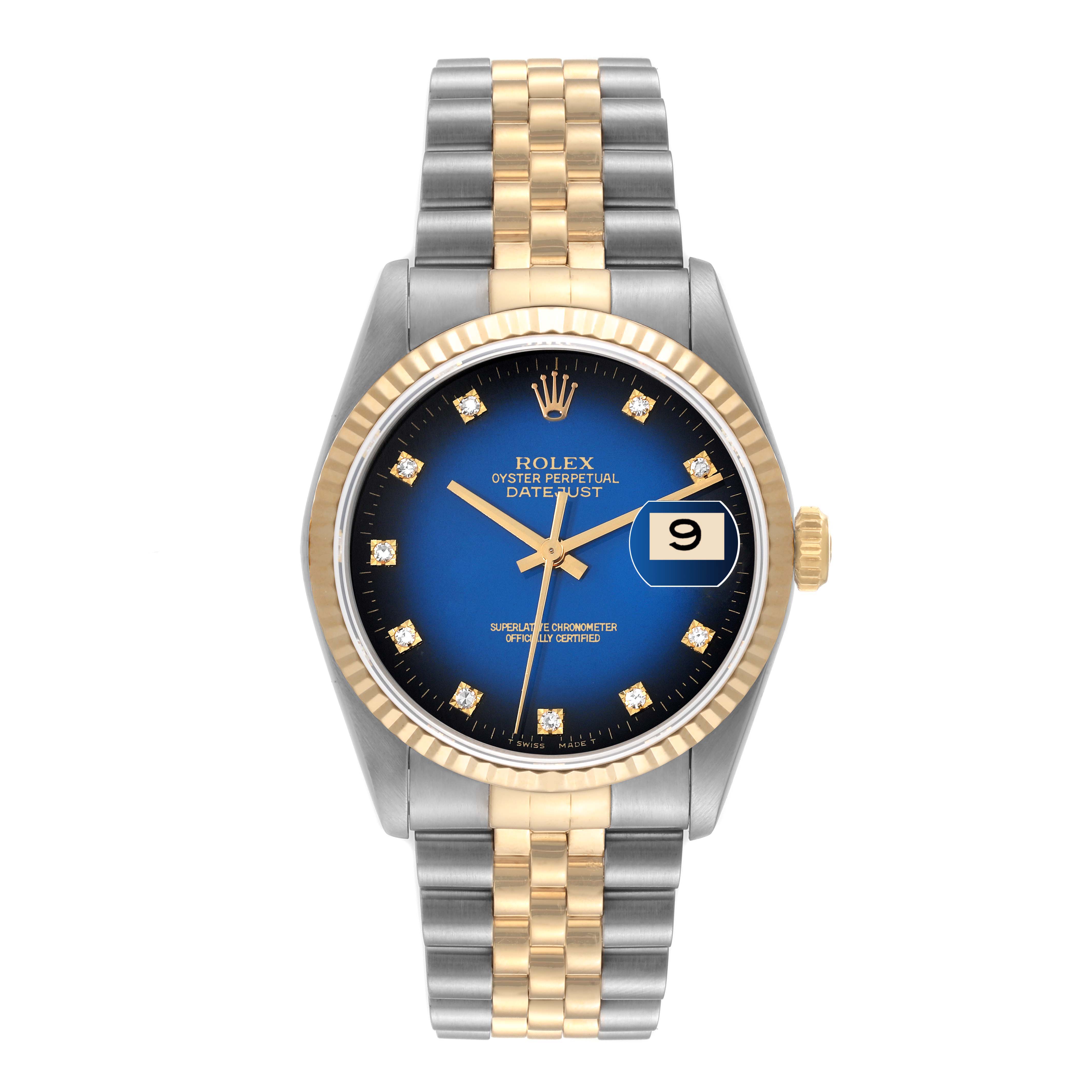 The image shows a Rolex Datejust 16233 Men's Steel and Gold (two tone) Blue Dial 16233 Men's Steel and Gold (two tone) Blue Dial watch from a top view, highlighting its blue dial, date window, and two-tone bracelet.