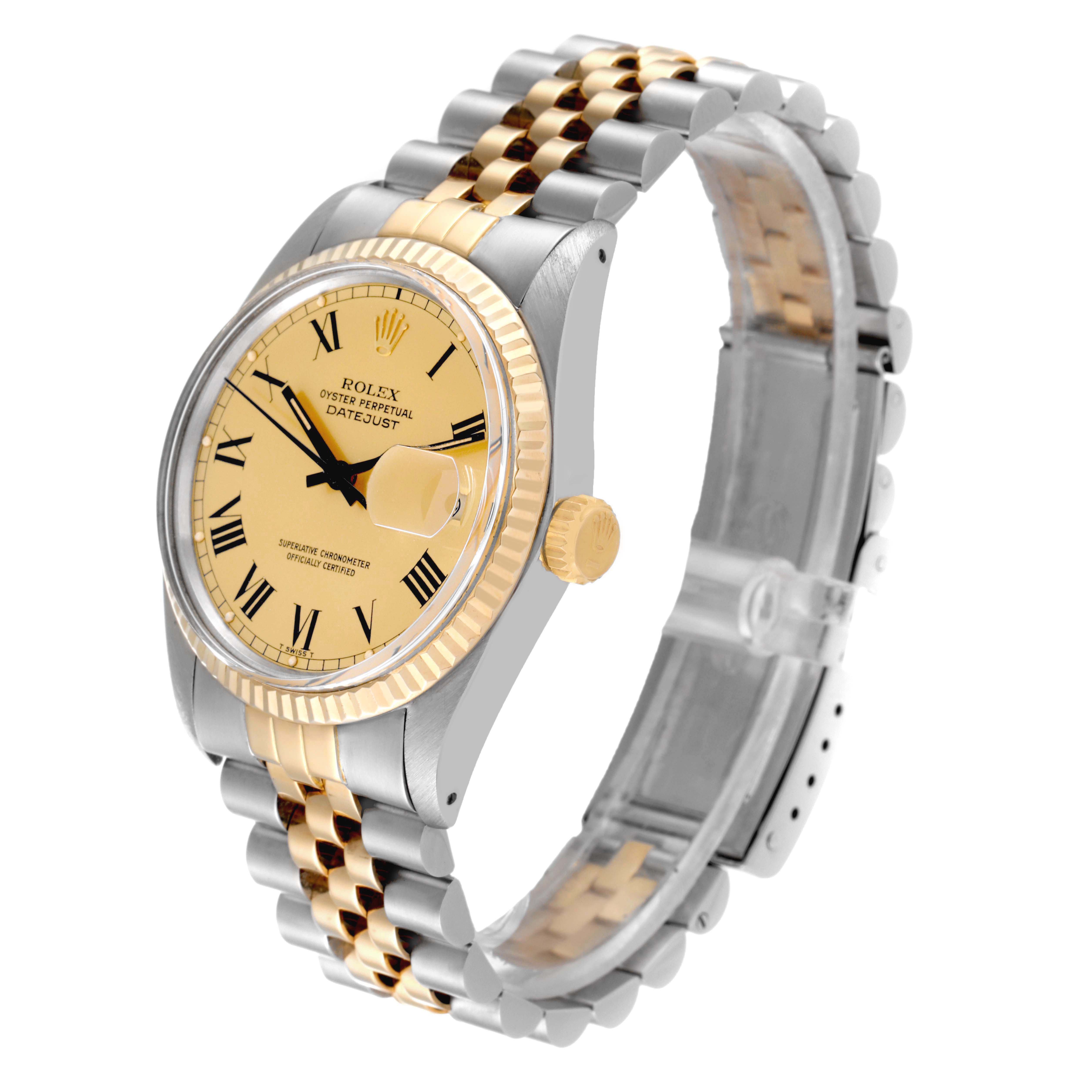 This is a side and slightly top view of a Rolex Vintage Collection 16013 Men's Steel and Gold (two tone) Champagne Dial 16013 Men's Steel and Gold (two tone) Champagne Dial model showcasing its two-tone bracelet and dial.