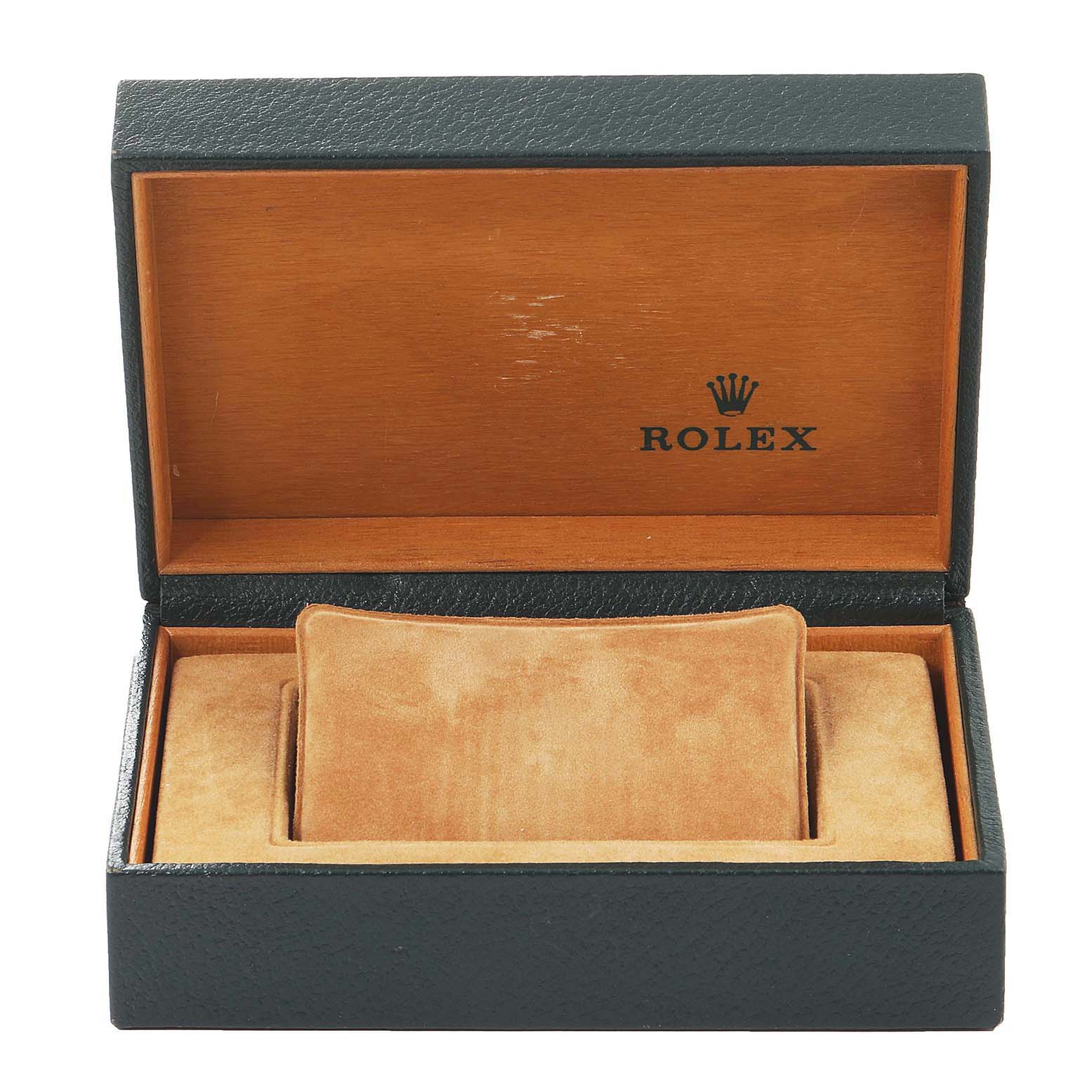 This image shows an opened Rolex Vintage Collection 16013 Men's Steel and Gold (two tone) Champagne Dial 16013 Men's Steel and Gold (two tone) Champagne Dial watch box with a velvet cushion inside.
