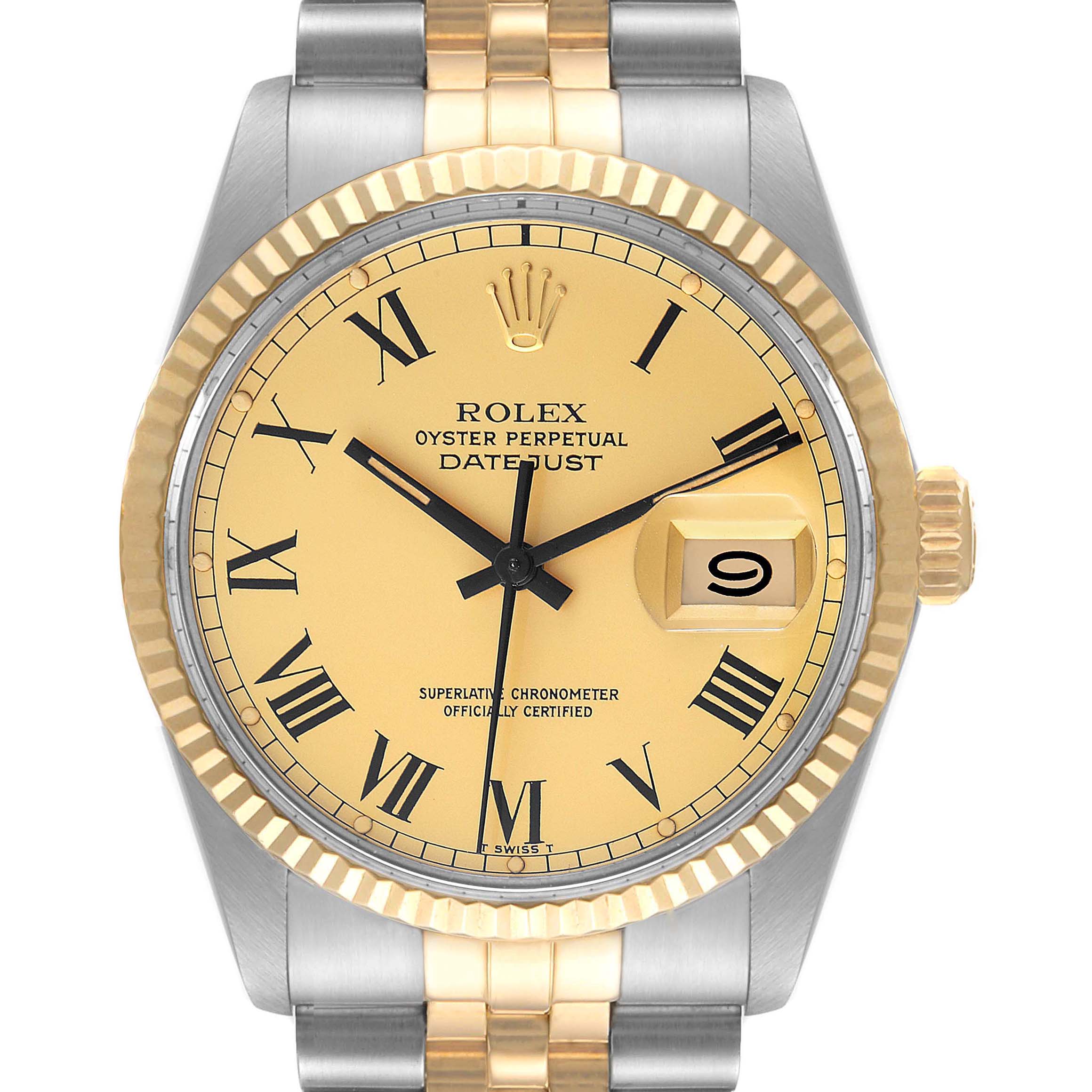The image shows a front view of the Rolex Vintage Collection 16013 Men's Steel and Gold (two tone) Champagne Dial 16013 Men's Steel and Gold (two tone) Champagne Dial Datejust watch, featuring a gold and silver bracelet, gold dial, and Roman numeral indices.