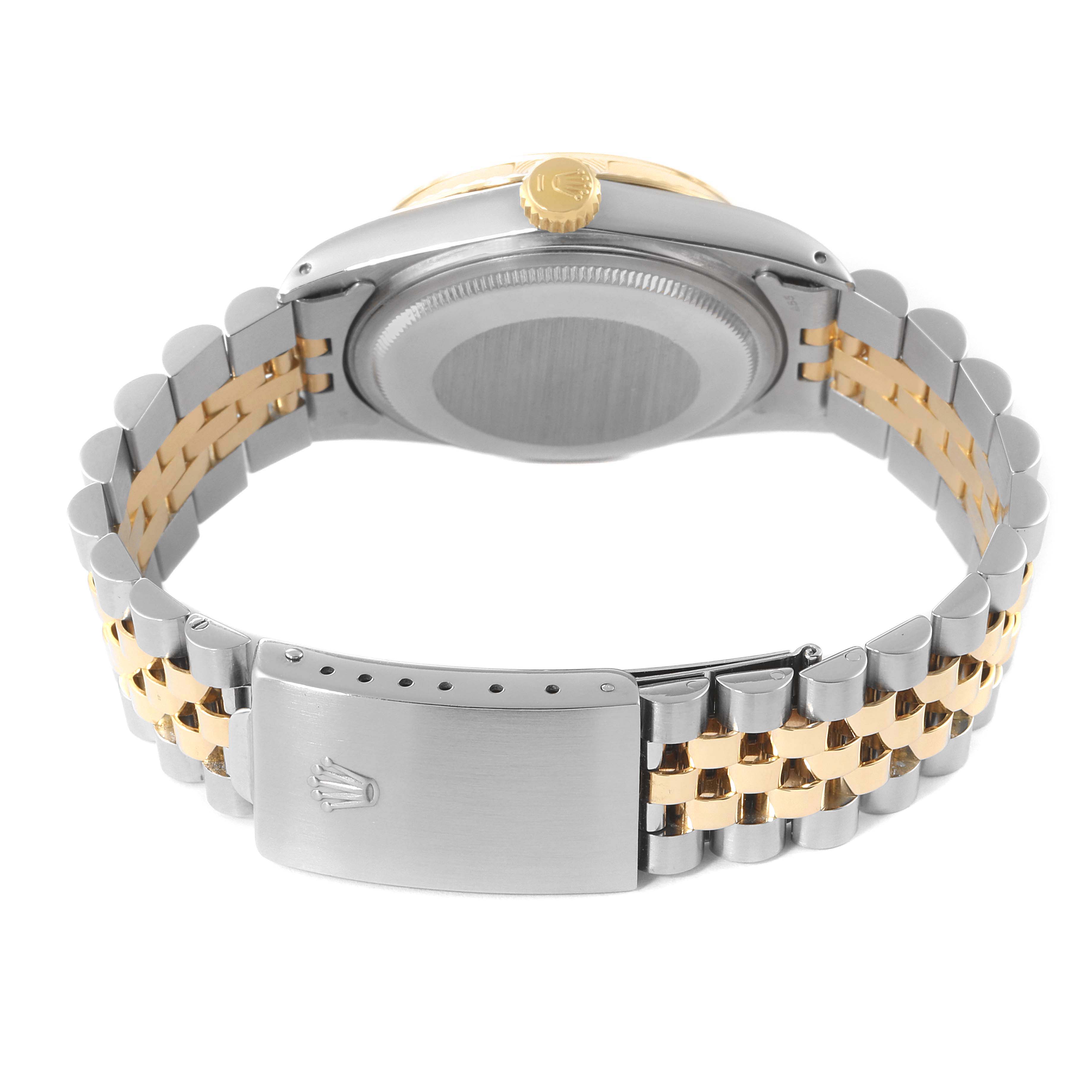 The image shows the back and clasp of a Vintage Collection Rolex watch in a two-tone silver and gold design.
