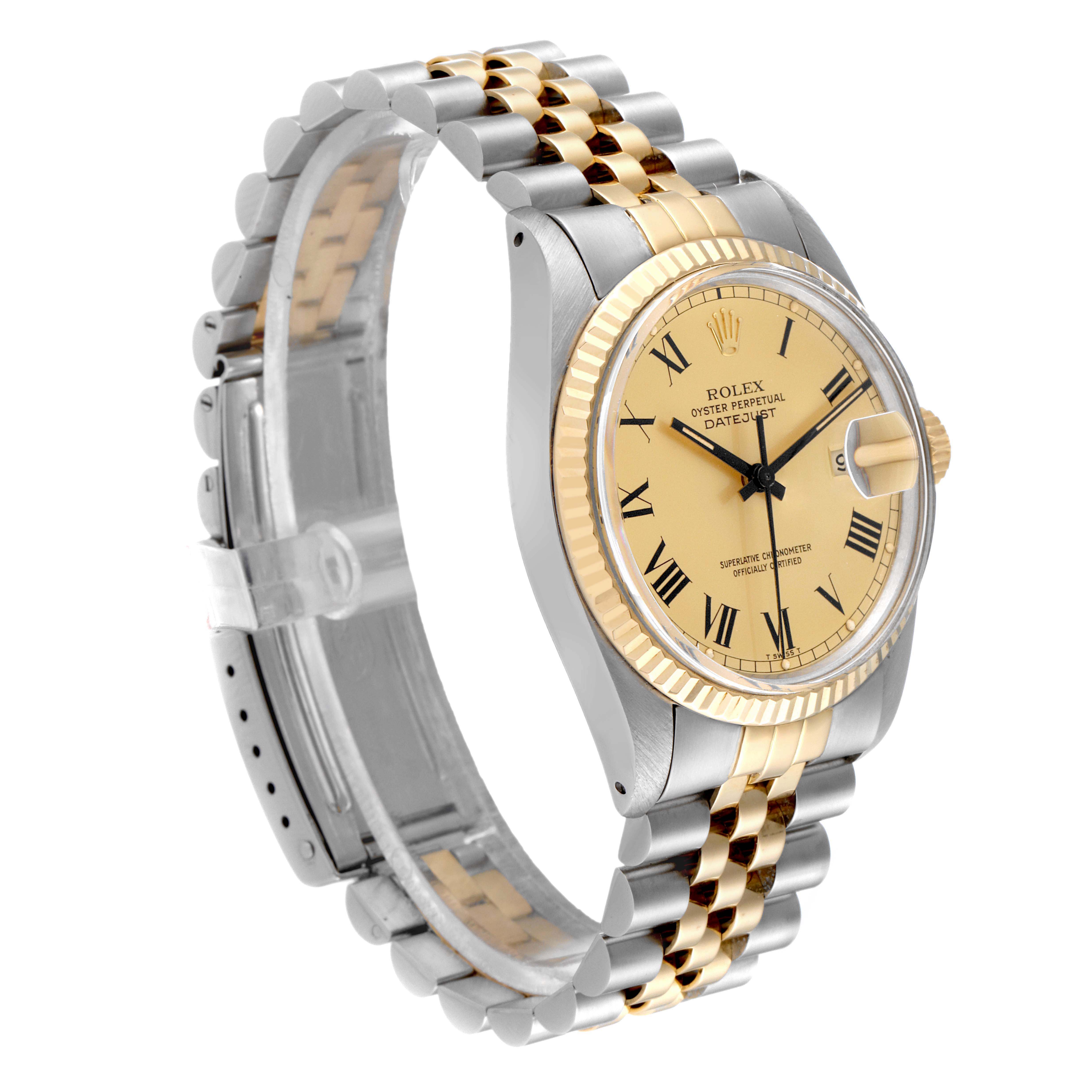 The image shows a side profile of the Rolex Vintage Collection 16013 Men's Steel and Gold (two tone) Champagne Dial 16013 Men's Steel and Gold (two tone) Champagne Dial watch, highlighting its two-tone bracelet and detailed face.