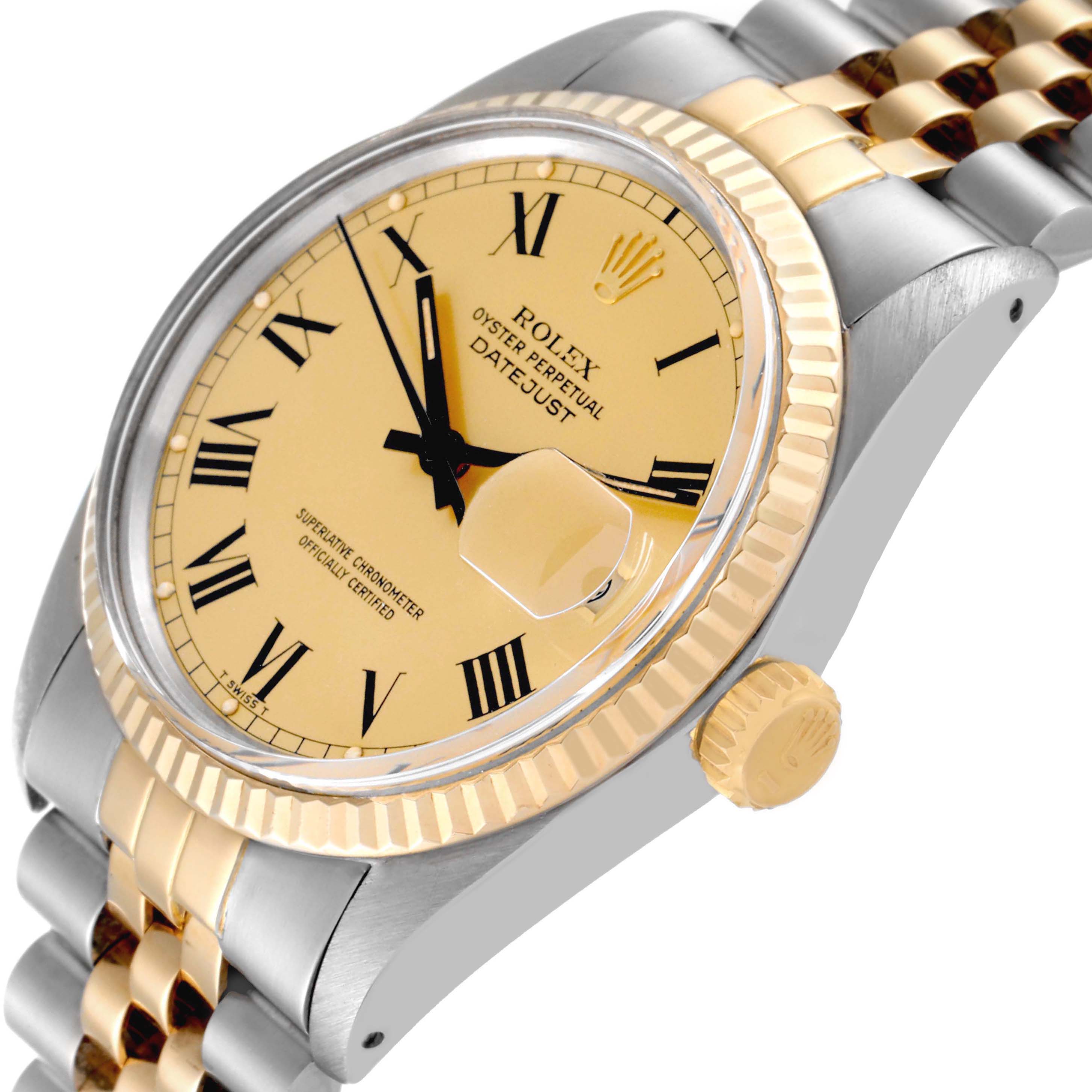 The image shows a close-up side angle of a Rolex Vintage Collection 16013 Men's Steel and Gold (two tone) Champagne Dial 16013 Men's Steel and Gold (two tone) Champagne Dial Datejust watch, highlighting the dial, bezel, and crown.