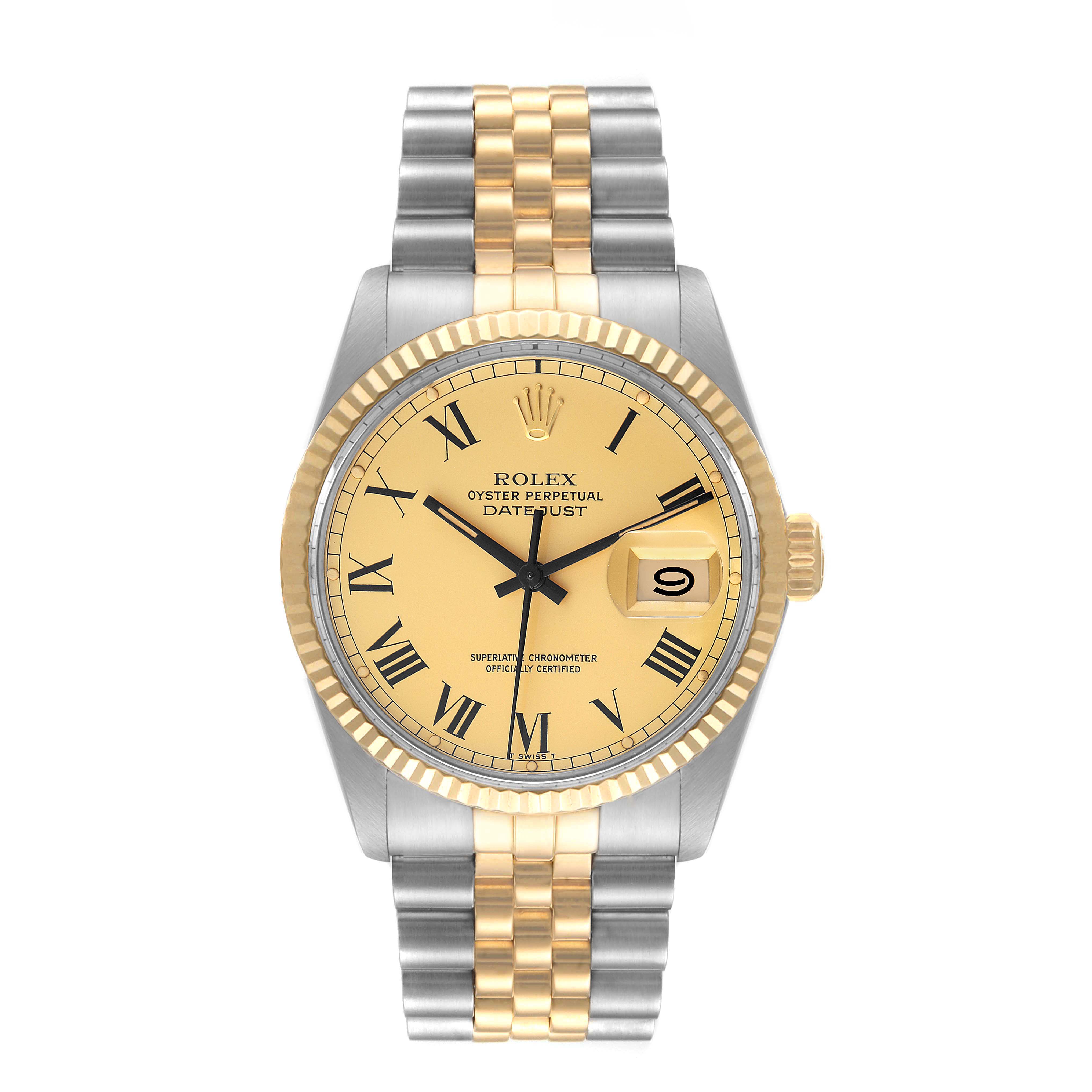 The image shows a front view of the Rolex Vintage Collection 16013 Men's Steel and Gold (two tone) Champagne Dial 16013 Men's Steel and Gold (two tone) Champagne Dial model watch, displaying its yellow dial, date window, and two-tone bracelet.