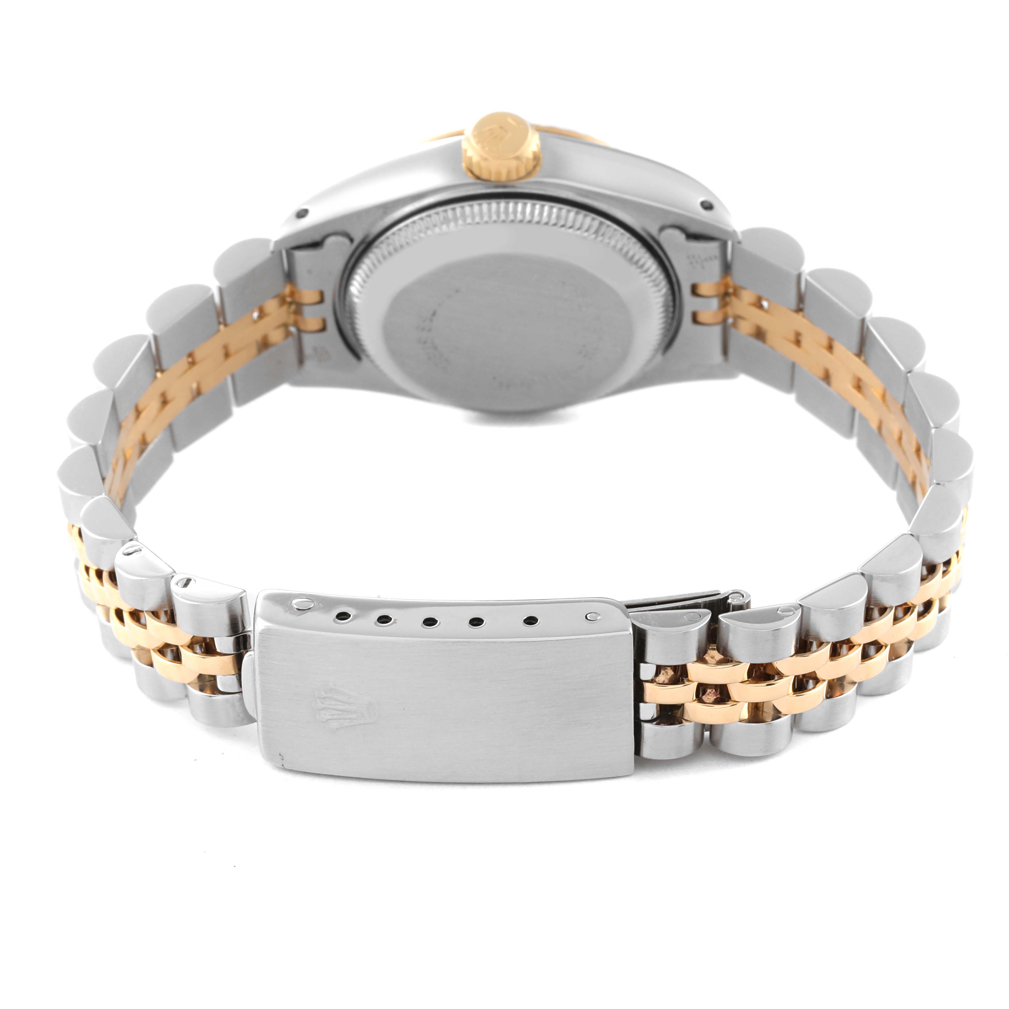 The image shows the backside of a Rolex Datejust 69173 Women's Steel and Gold (two tone) Champagne Dial 69173 Women's Steel and Gold (two tone) Champagne Dial watch, highlighting the case back, crown, and two-tone bracelet with a clasp.