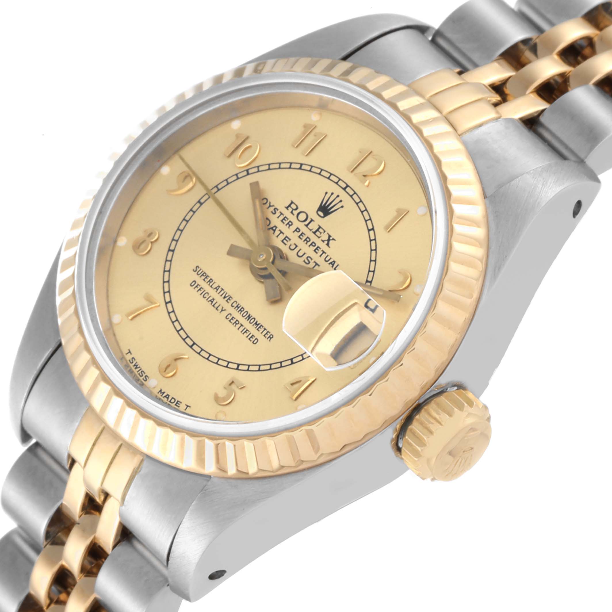 This image shows a close-up, angled view of the Rolex Datejust 69173 Women's Steel and Gold (two tone) Champagne Dial 69173 Women's Steel and Gold (two tone) Champagne Dial watch, highlighting the dial, crown, and part of the band.