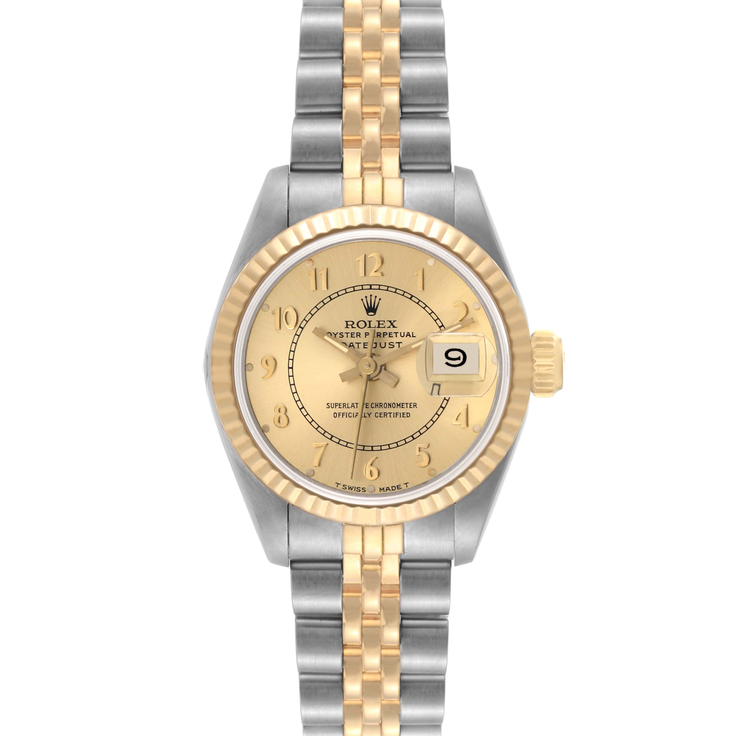 The Rolex Datejust 69173 Women's Steel and Gold (two tone) Champagne Dial 69173 Women's Steel and Gold (two tone) Champagne Dial watch is shown from the front, displaying its dial, bezel, crown, and two-tone bracelet.